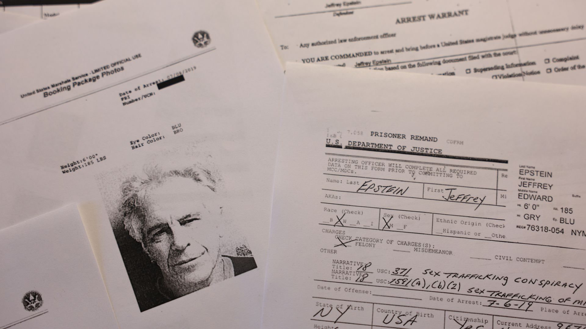 Collage of white legal forms and a black-and-white portrait; U.S. Department of Justice documents with headings such as PRISONER REMAND and ARREST WARRANT.