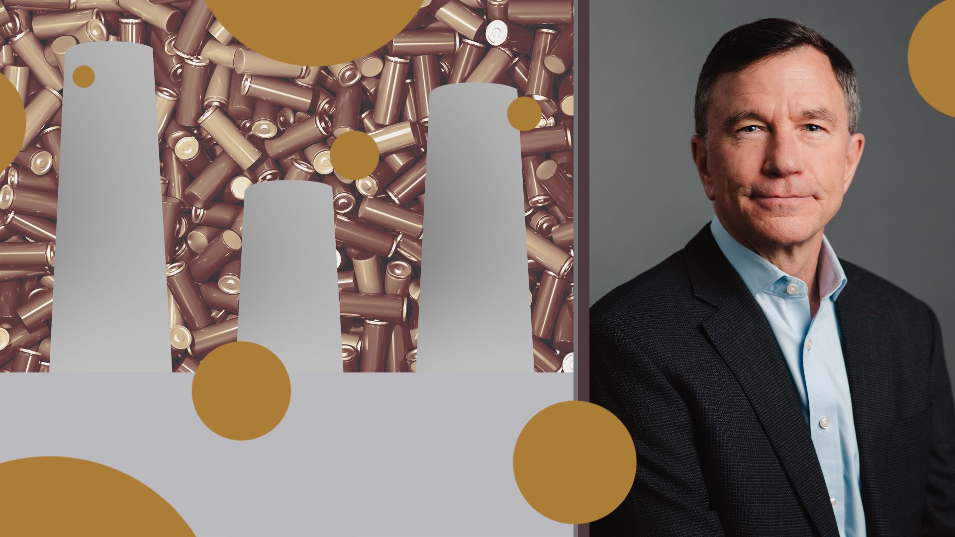 Photo illustration of Group 14 CEO, Rick Luebbe surrounded by batteries and factory shapes. 