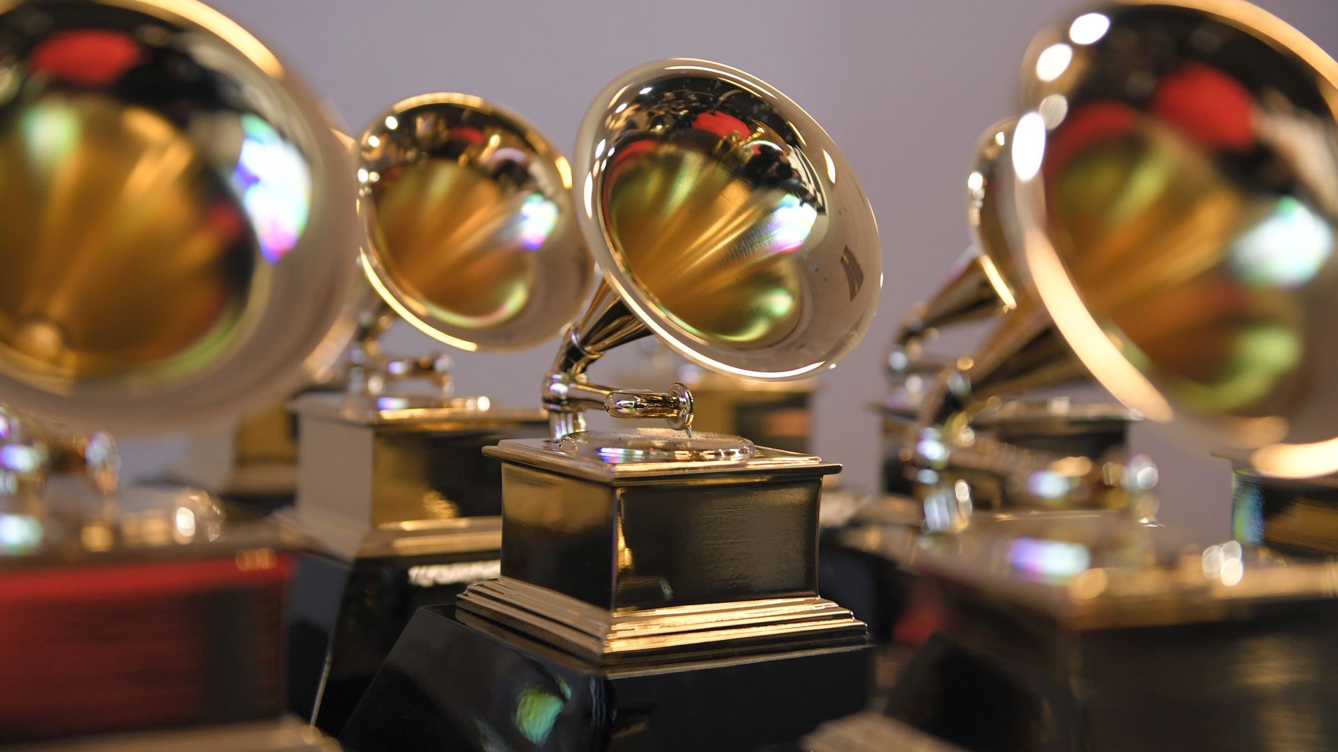 Grammy trophies sit in the press room during the 64th Annual GRAMMY Awards