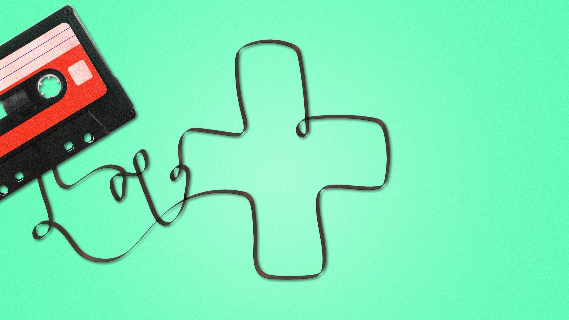Illustration of the tape coming out of a cassette in the shape of a red cross.