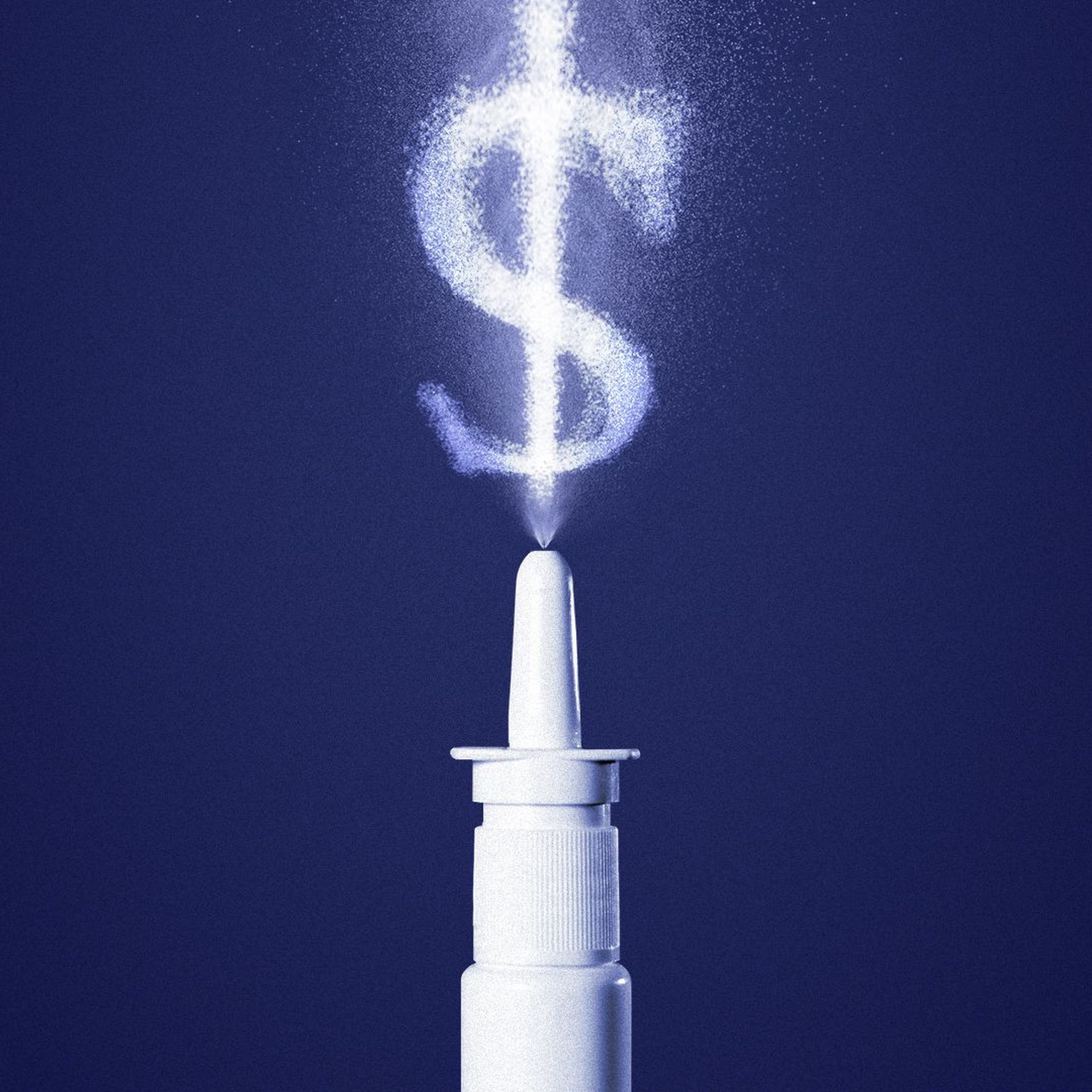 Illustration of a bottle of nasal spray spraying the shape of a dollar sign.