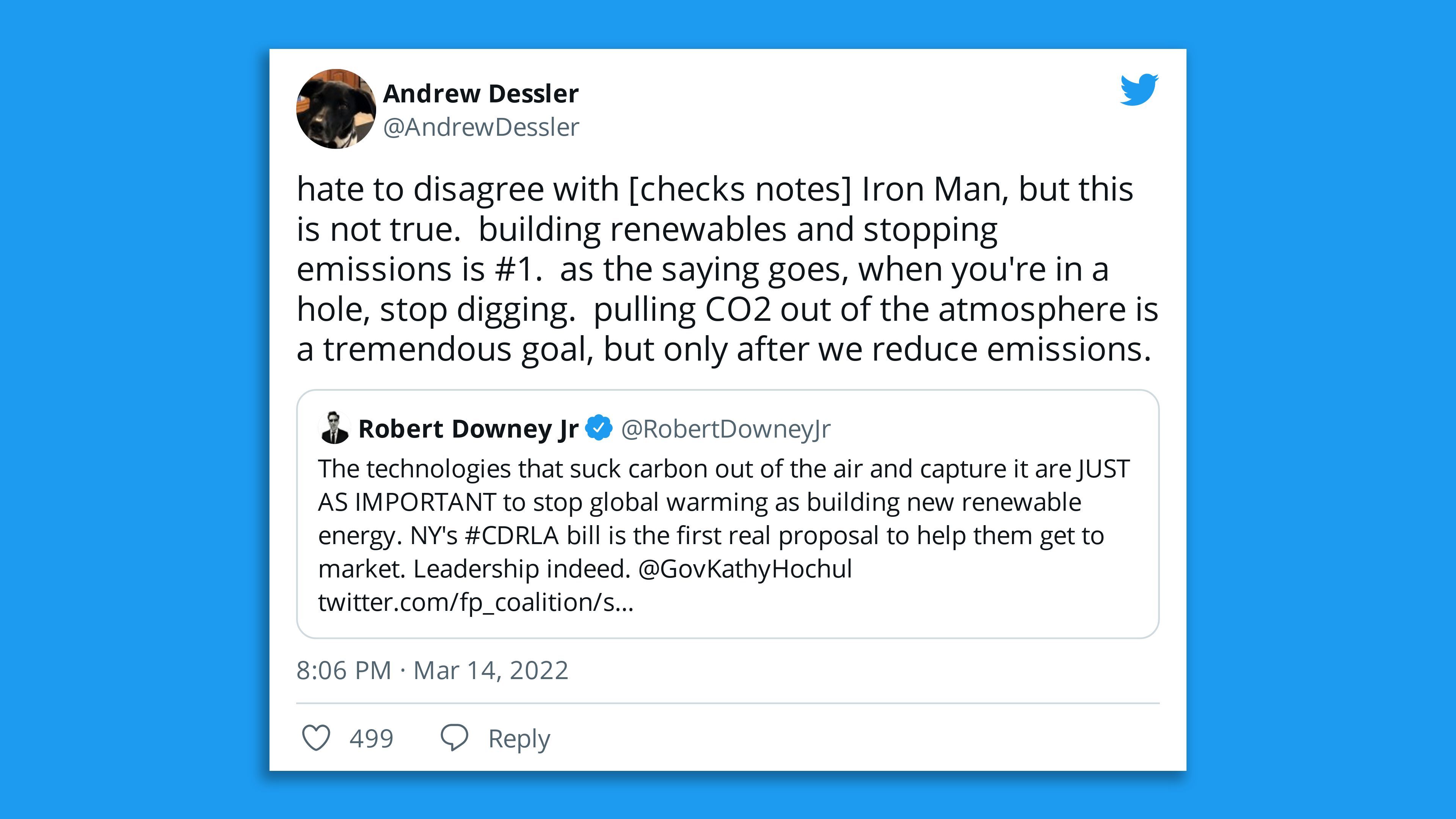 Screenshot of tweet from climate scientist Andrew Dessler disagreeing over carbon removal with Robert Downey Jr.