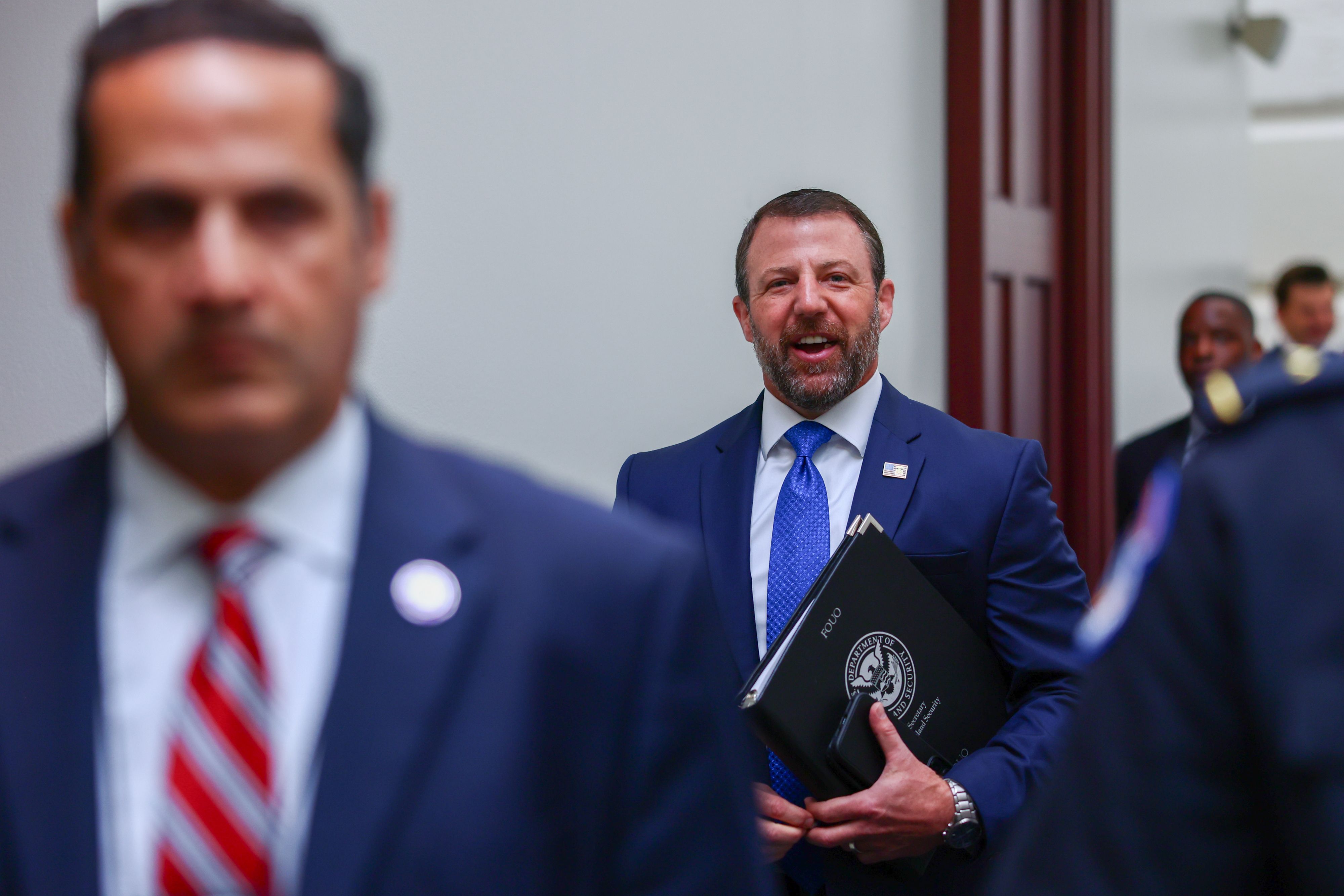 Homeland Security Secretary Markwayne Mullin arrives for a House Republican caucus meeting at the Capitol last month.