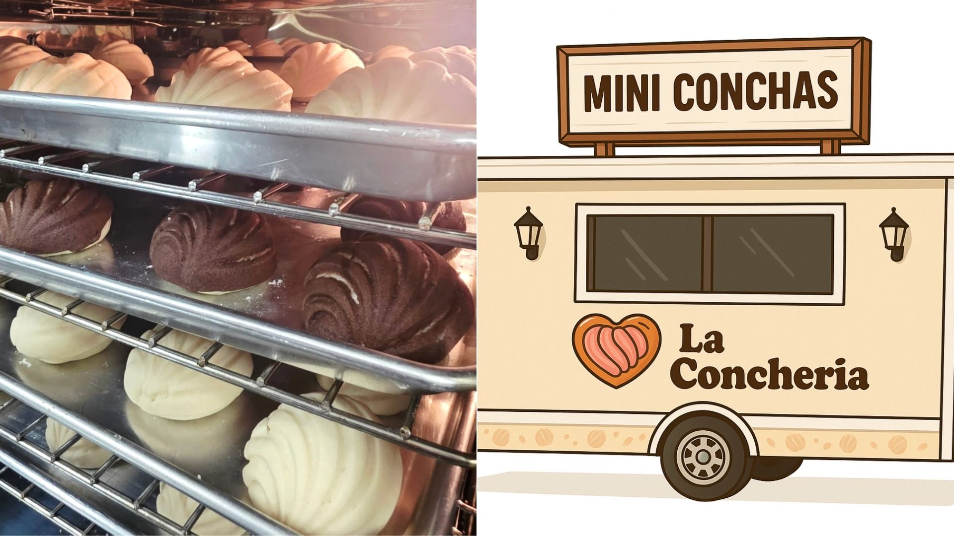 Left, trays of white and chocolate conchas baking in an oven. Right, an illustration of a beige mini food truck with a sign reading "MINI CONCHAS" and "La Concheria" logo featuring a concha shaped like a heart.