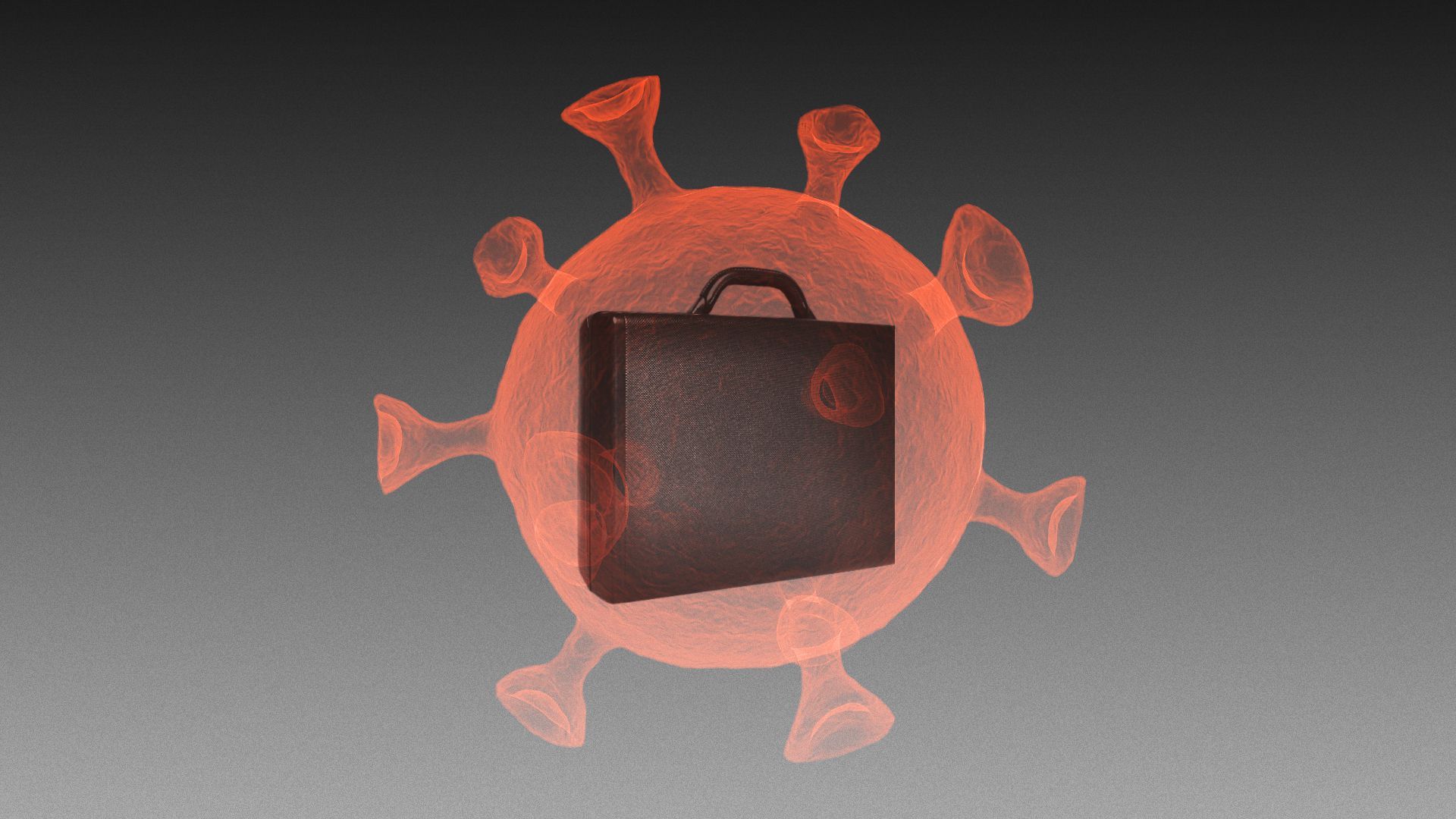 Illustration of a briefcase housed inside a transparent COVID cell shape