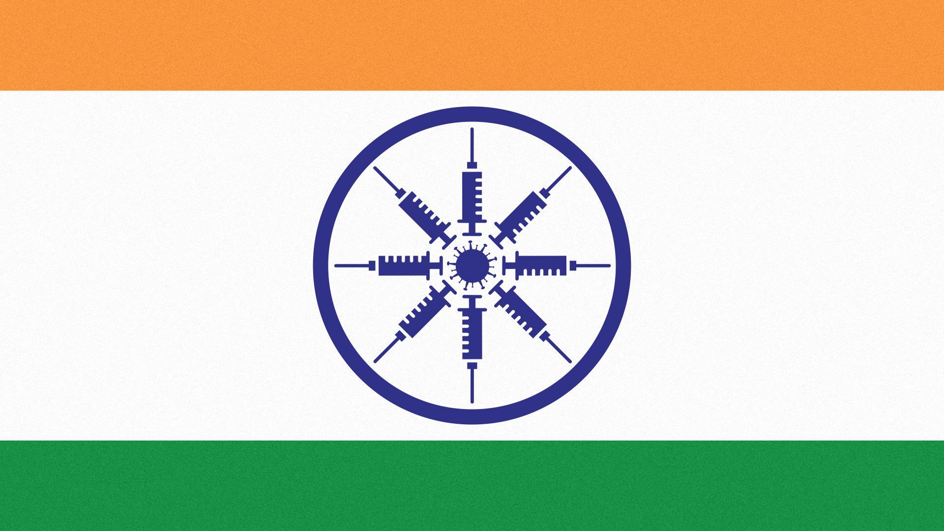 Illustration of India's flag, with syringes forming the spokes of the wheel symbol.