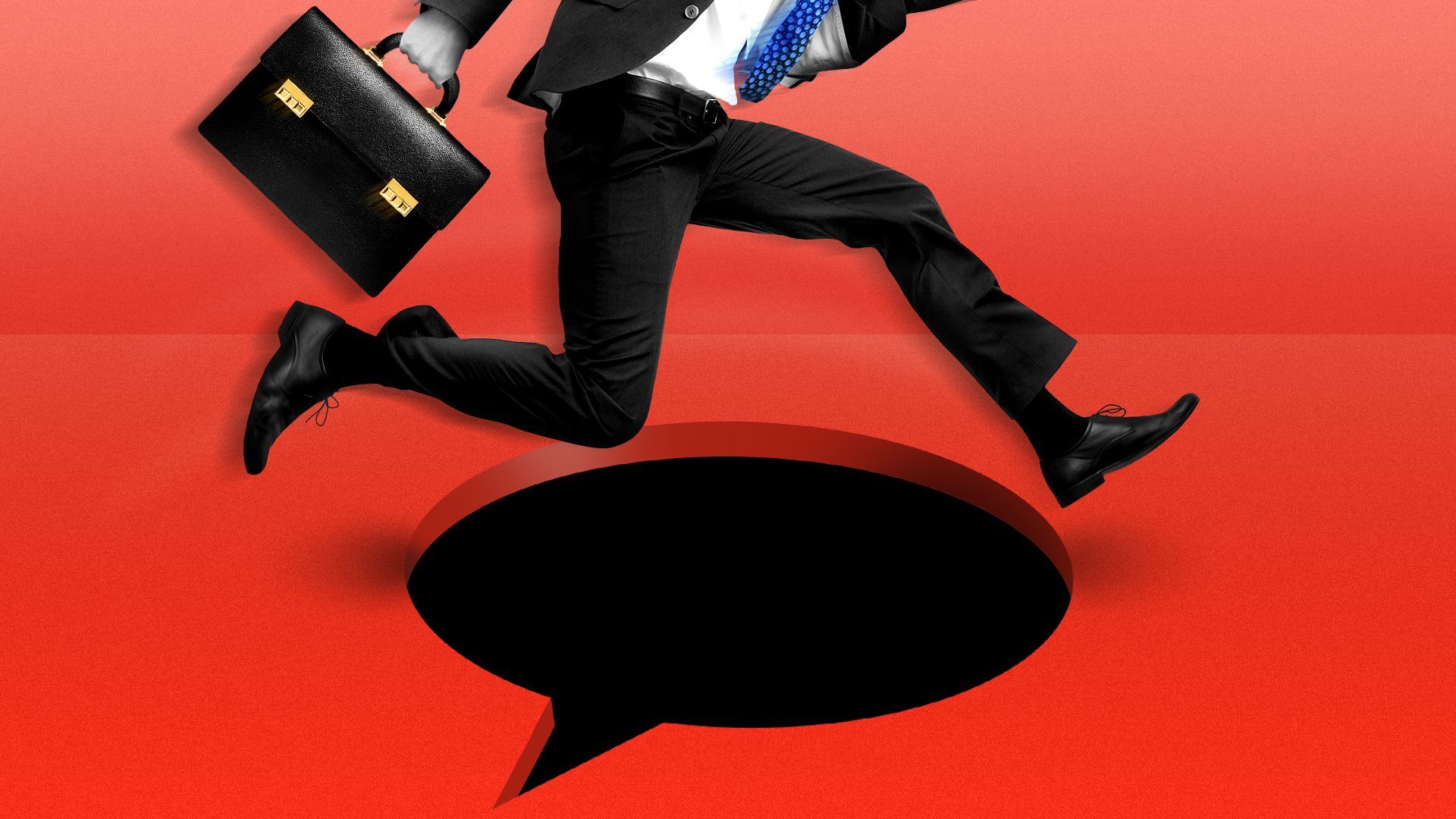 Illustration of a man in a business suit leaping over a hole in the shape of a speech bubble