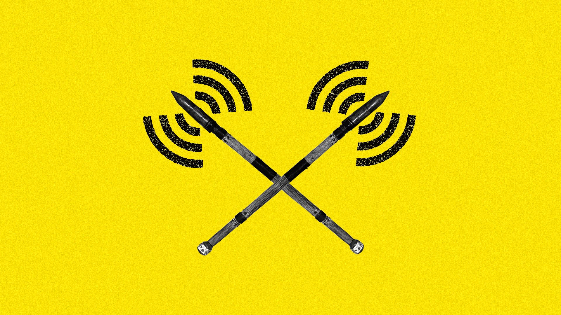 Illustration of two weapons crossed with wireless symbols like axe heads