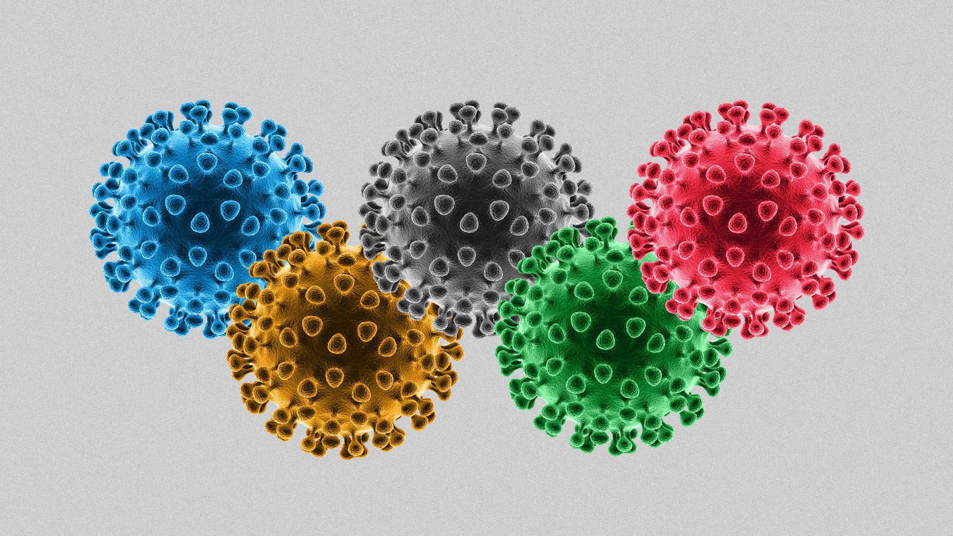 Illustration of the coronavirus in the shape of the Olympic rings.