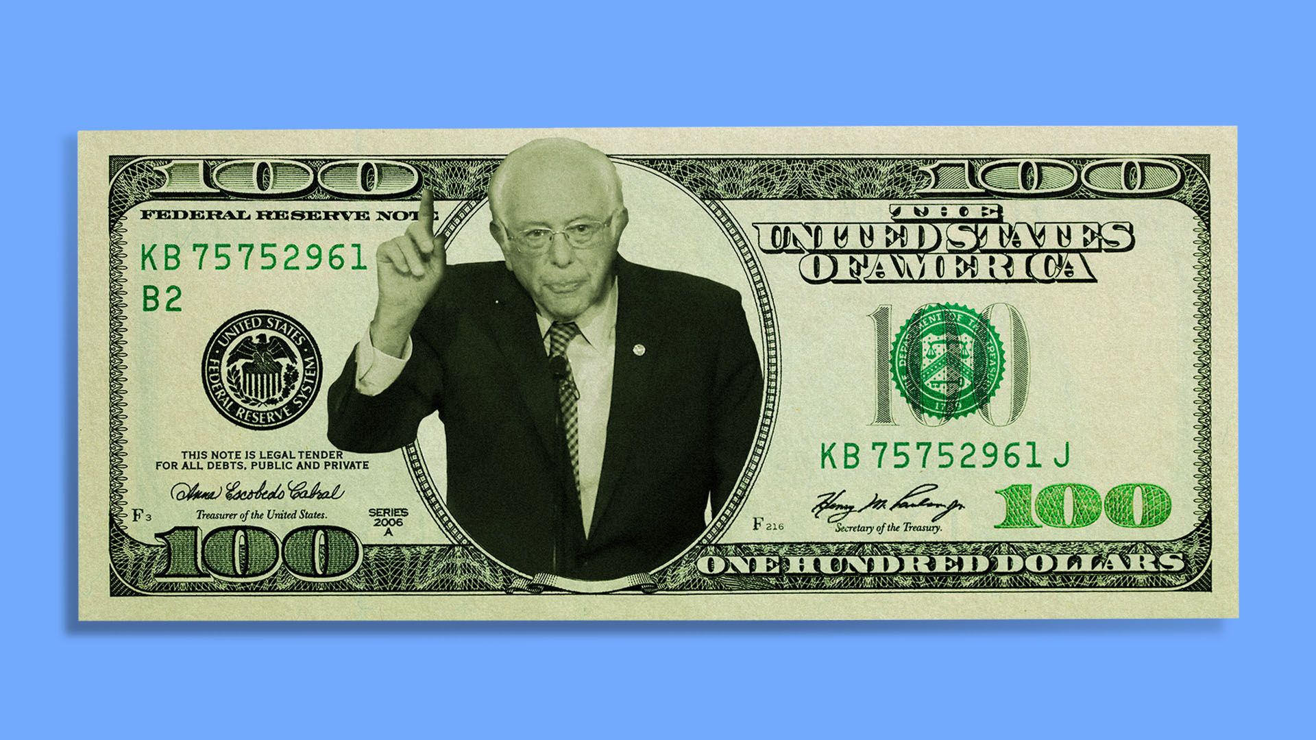 Illustration of Bernie Sanders on a 100 dollar bill