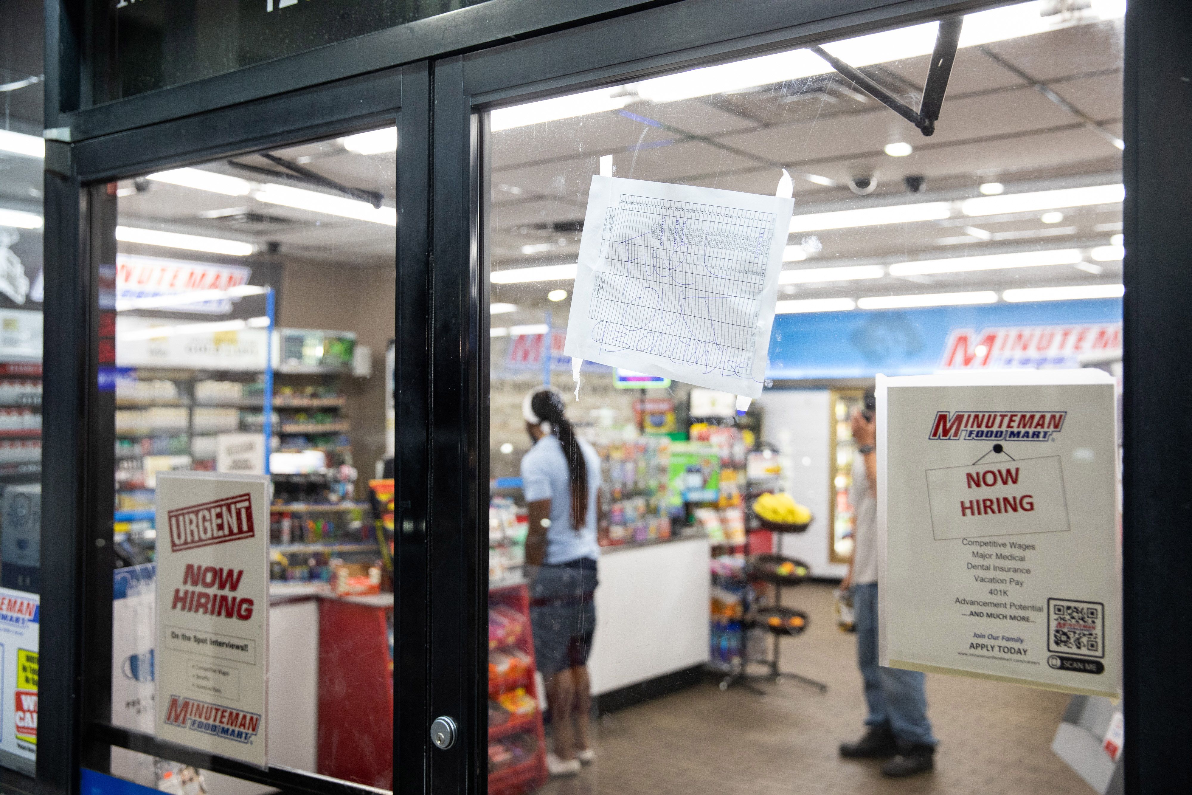 A "fuel out" sign posted on an entrance door at a Marathon gas station in Elizabethtown, North Carolina, U.S., on Monday, May 10