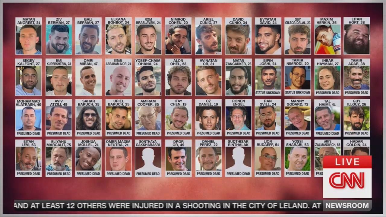 A CNN graphic showing photos and names of 49 Israeli hostages in Gaza, mostly with ages, labeled as "Presumed Dead" or "Status Unknown."