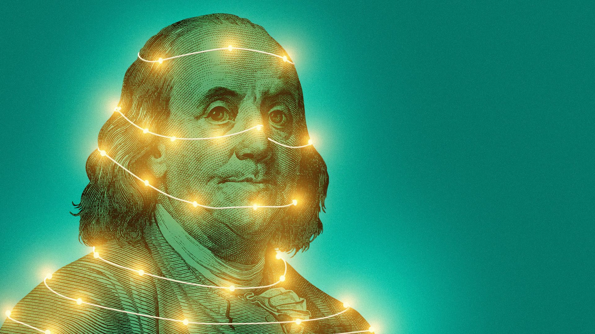 Illustration of Benjamin Franklin tied up dorm-style fairy lights. 