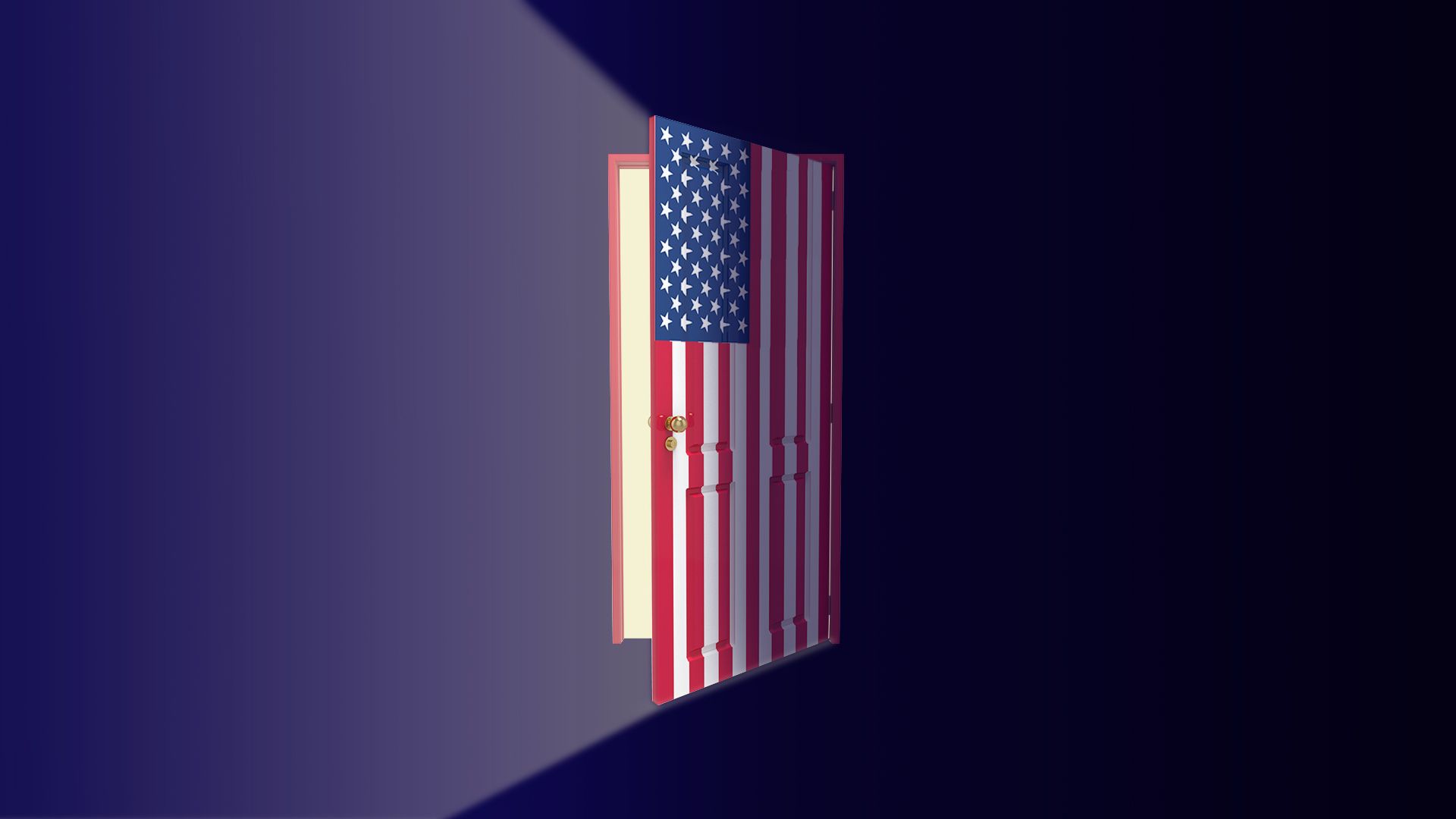 Illustration of a door made of an American flag opening with light pouring out. 