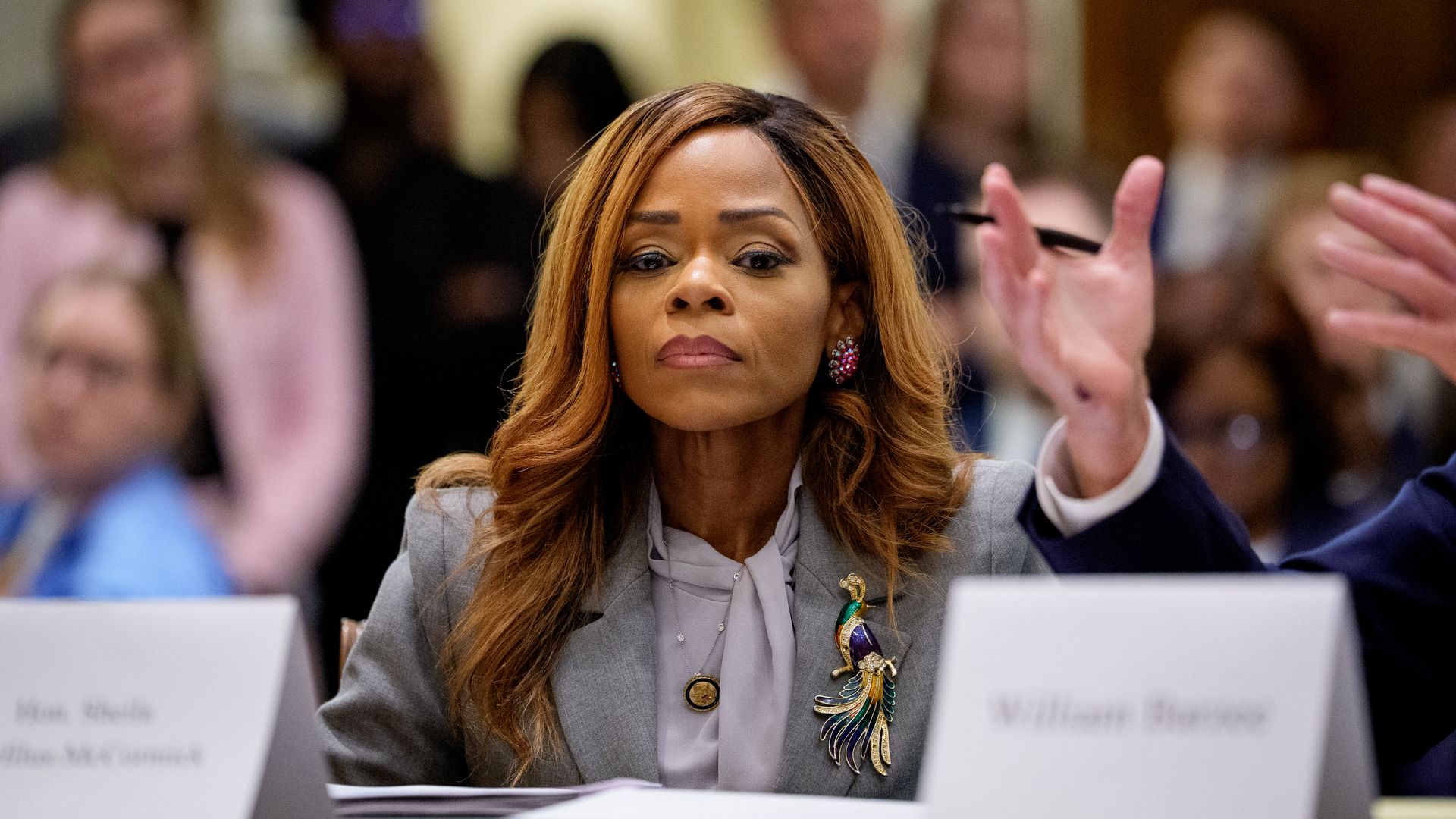 A woman with long light brown hair wearing a gray blazer and a colorful parrot brooch sits at a panel, looking serious as blurred audience members watch.