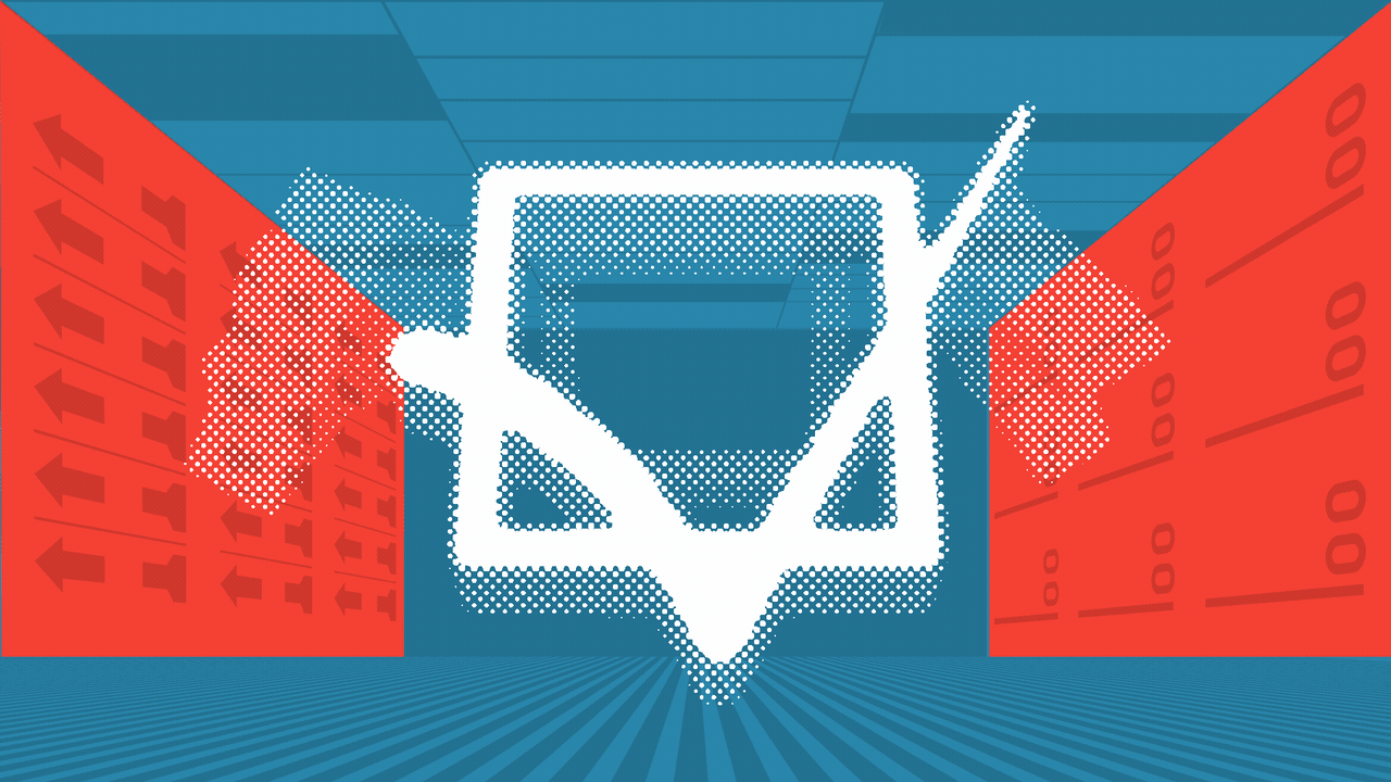 Animated illustration of the state of North Carolina and a checkmark taking turns rotating to face the reader in a red and blue room made of ballot elements.