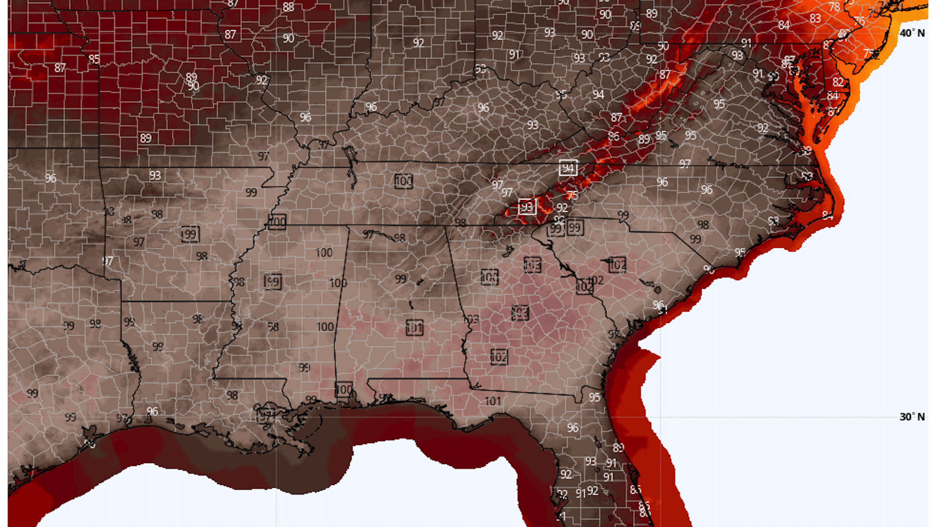Forecast high temperatures for Wednesday, June 22, 2022.