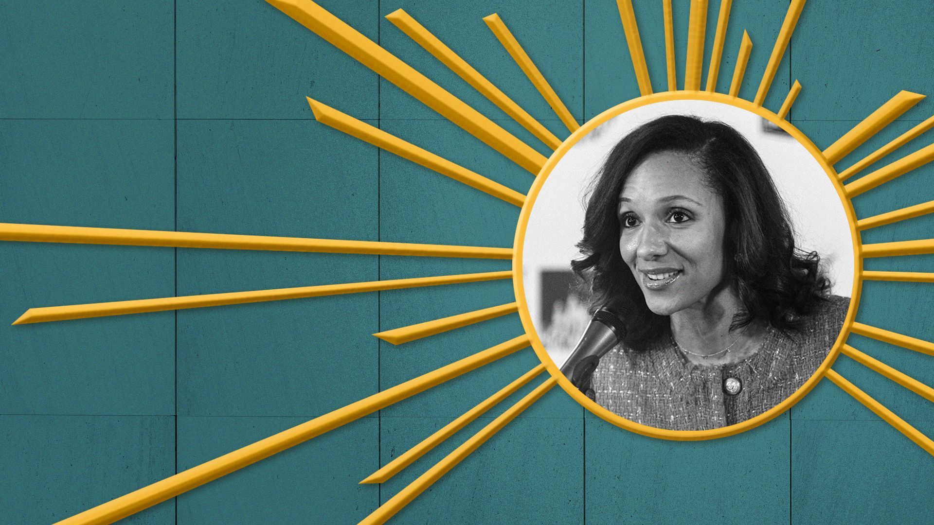 Photo illustration of Mary Sheffield in the center of a gold frame with rays emanating, resembling the sphere from The Spirit of Detroit statue.