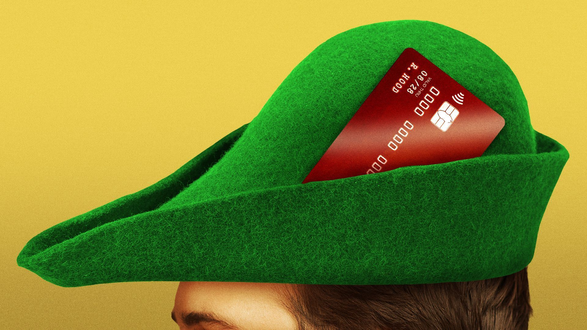 illustration of a hat that Robinhood would wear with a credit card sticking out from the brim