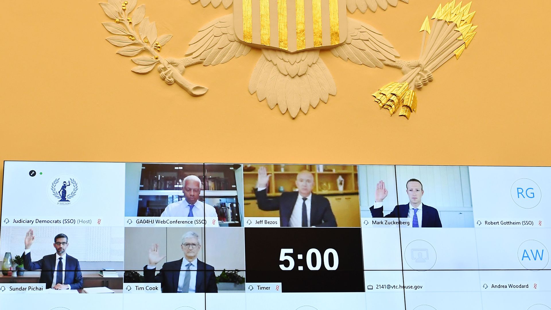 A photo of Big Tech CEOs testifying via Zoom.
