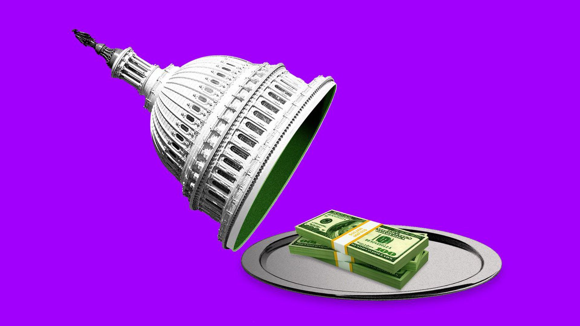 Illustration of Congressional dome lifting to show a platter of money