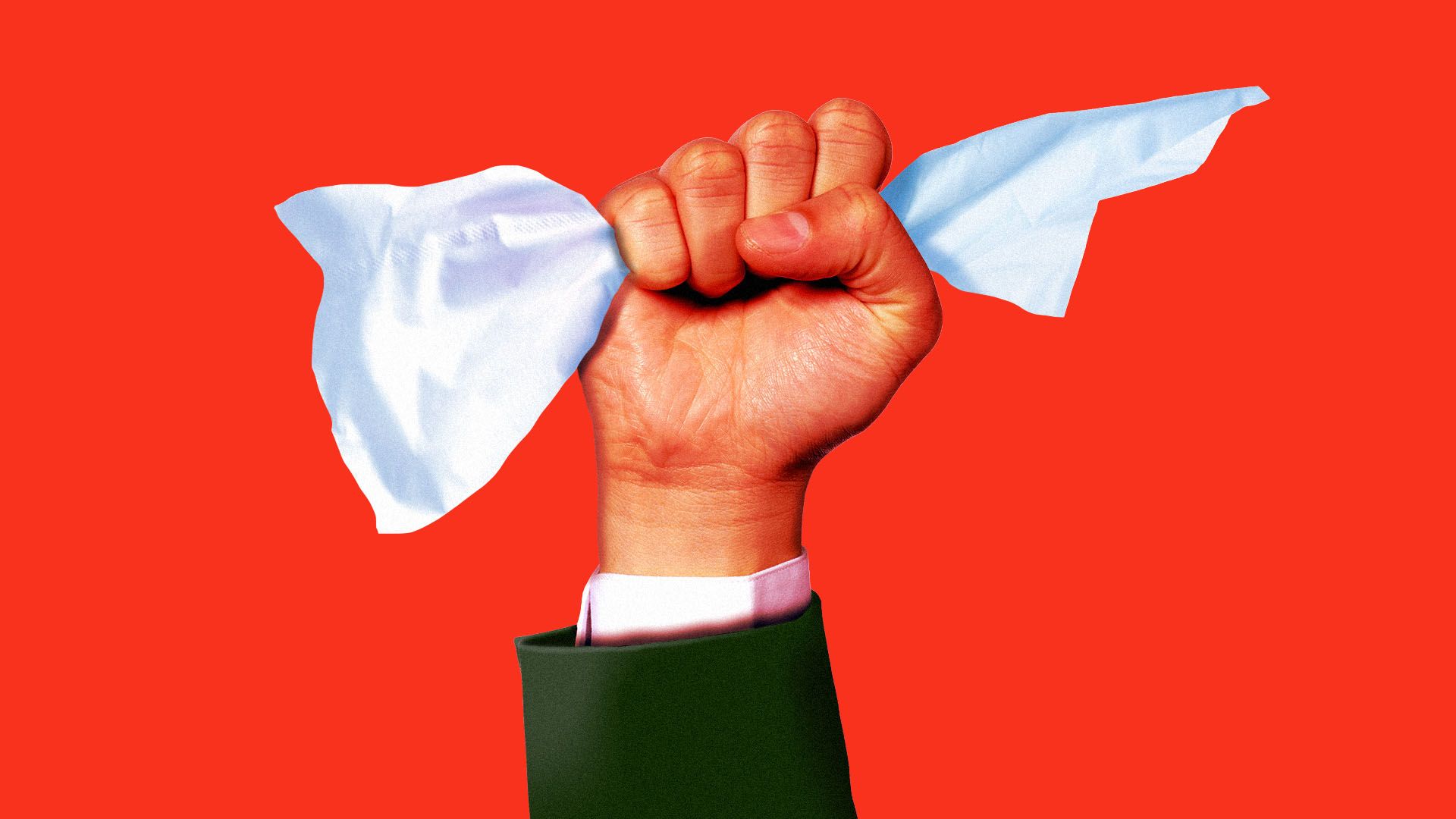 Illustration of a first in a green suit grasping a tissue