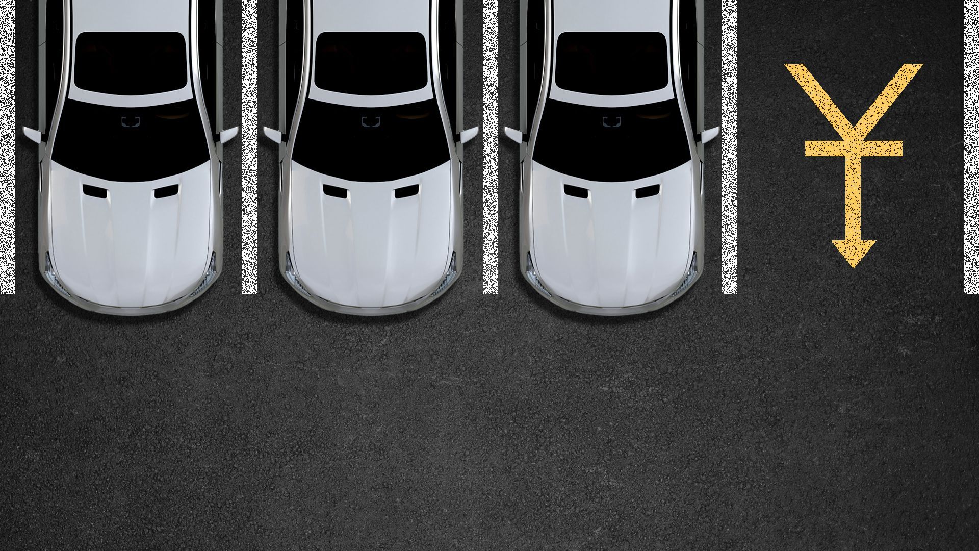 Illustration of a parking full of cars with one empty space featuring a yuan symbol with a downward arrow