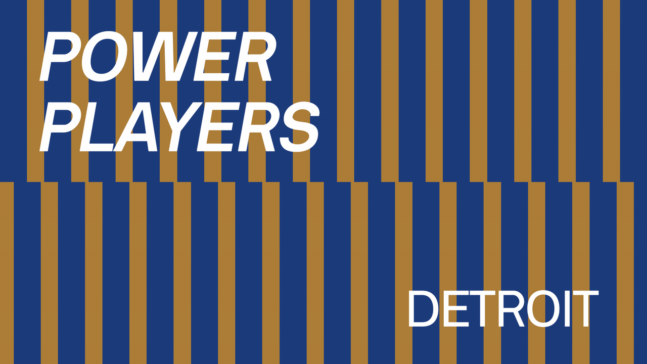 Illustration of two rows of dominos falling with text overlaid that reads Power Players Detroit.