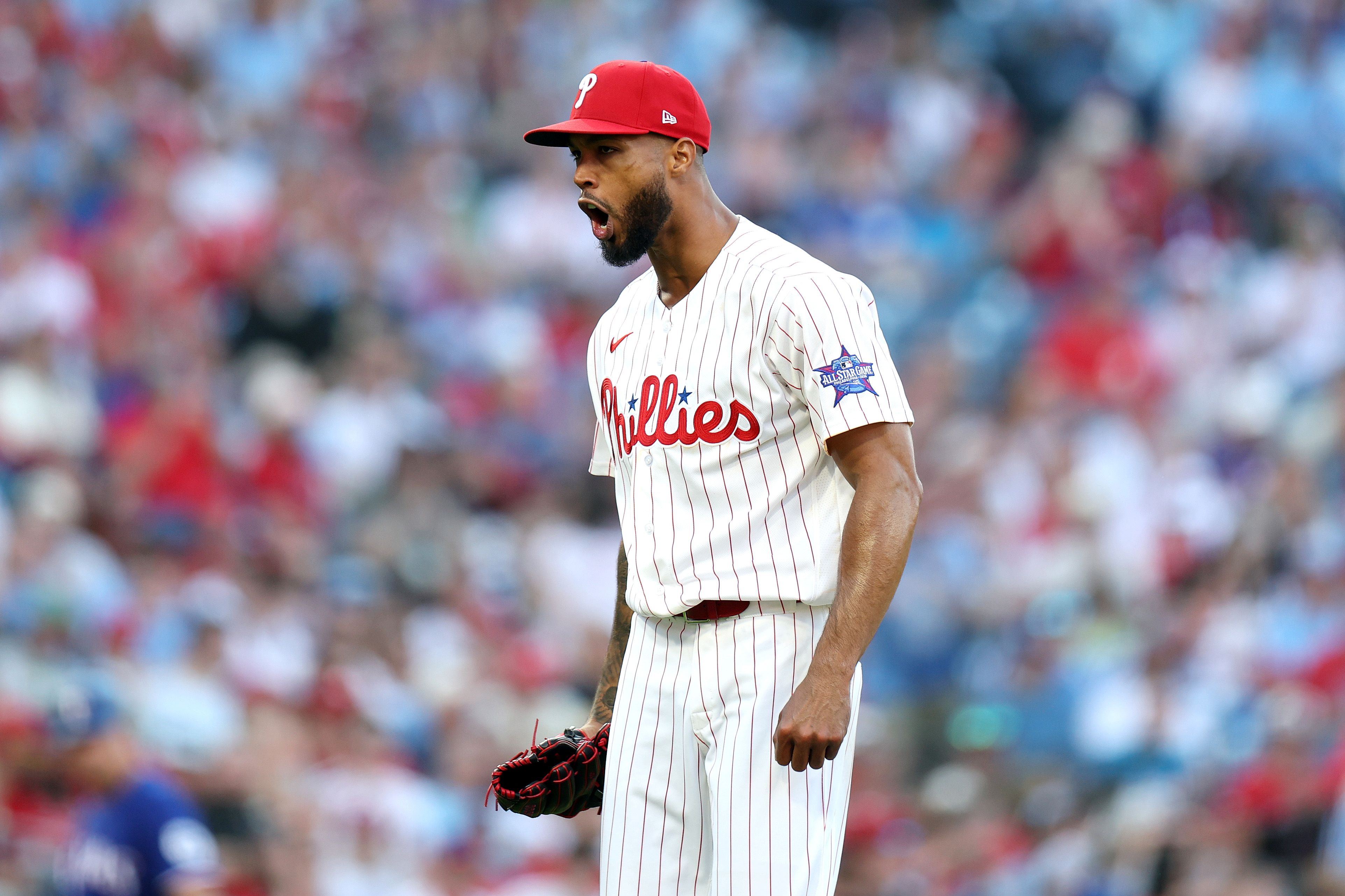 Phillies pitcher Cristopher Sánchez reacts after the sixth inning against the Texas Rangers on Opening Day at Citizens Bank Park.