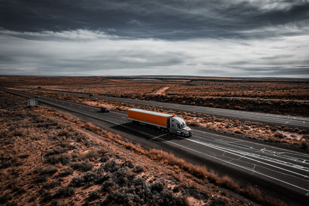 A Torc truck travels on Route 66 outside of Albuquerque.