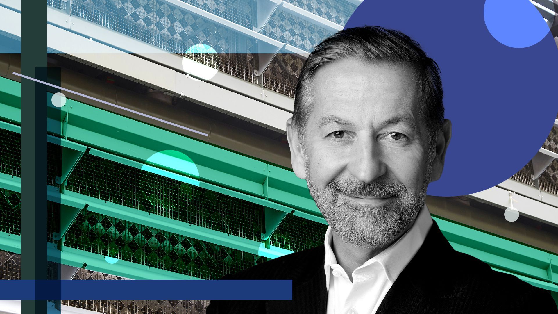 Photo illustration of Hans Kobler, co-founder and managing partner of Energy Impact Partners, with direct air capture filters and abstract shapes.