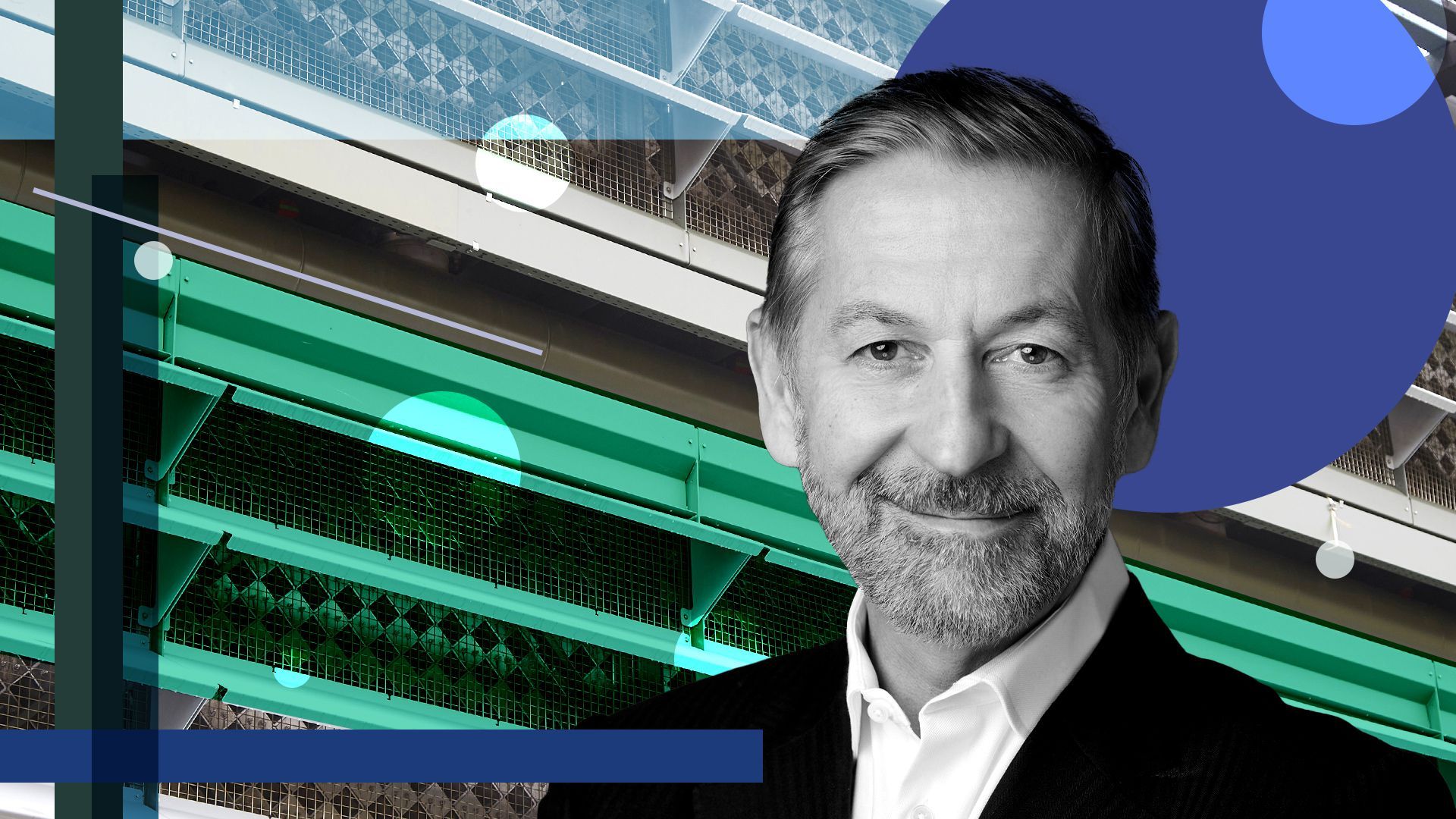 Photo illustration of Hans Kobler, co-founder and managing partner of Energy Impact Partners, with direct air capture filters and abstract shapes.