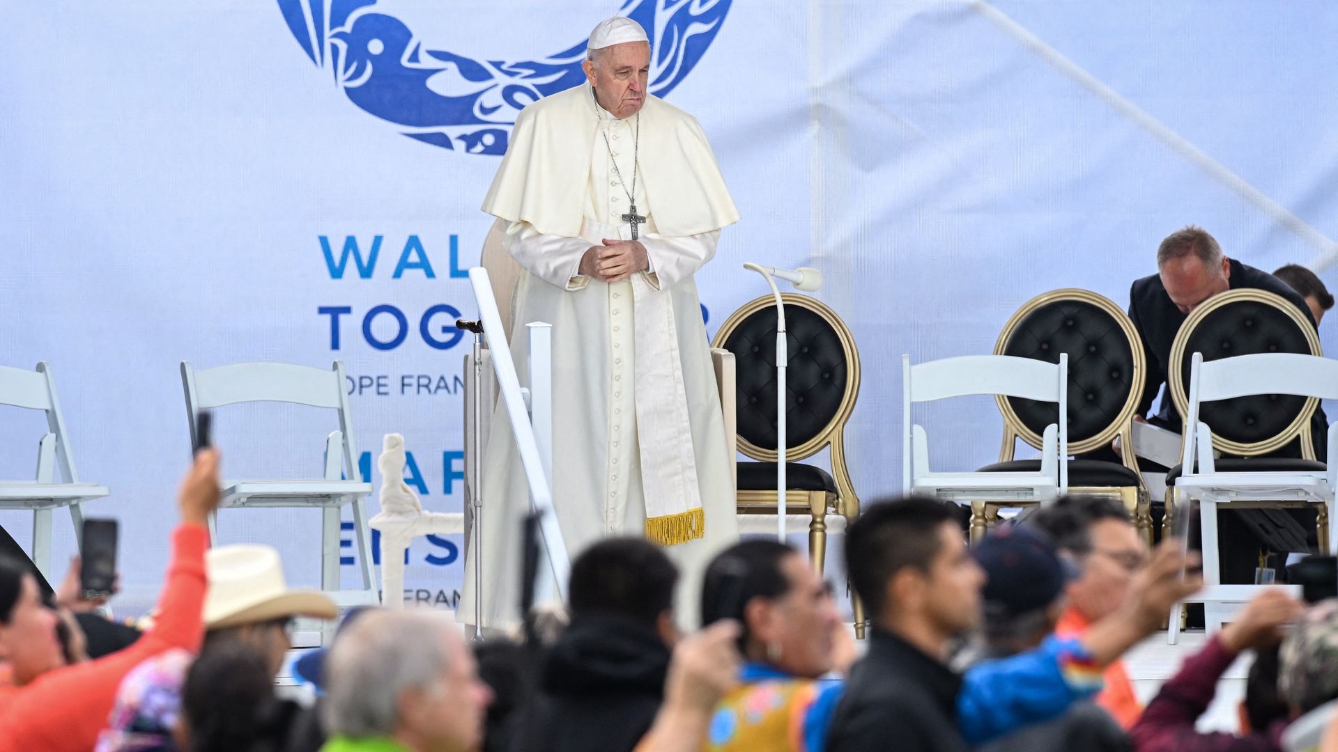 Pope Francis arrives to meet with Indigenous leaders at Muskwa Park in Maskwacis, Alberta, Canada, on July 25, 2022.