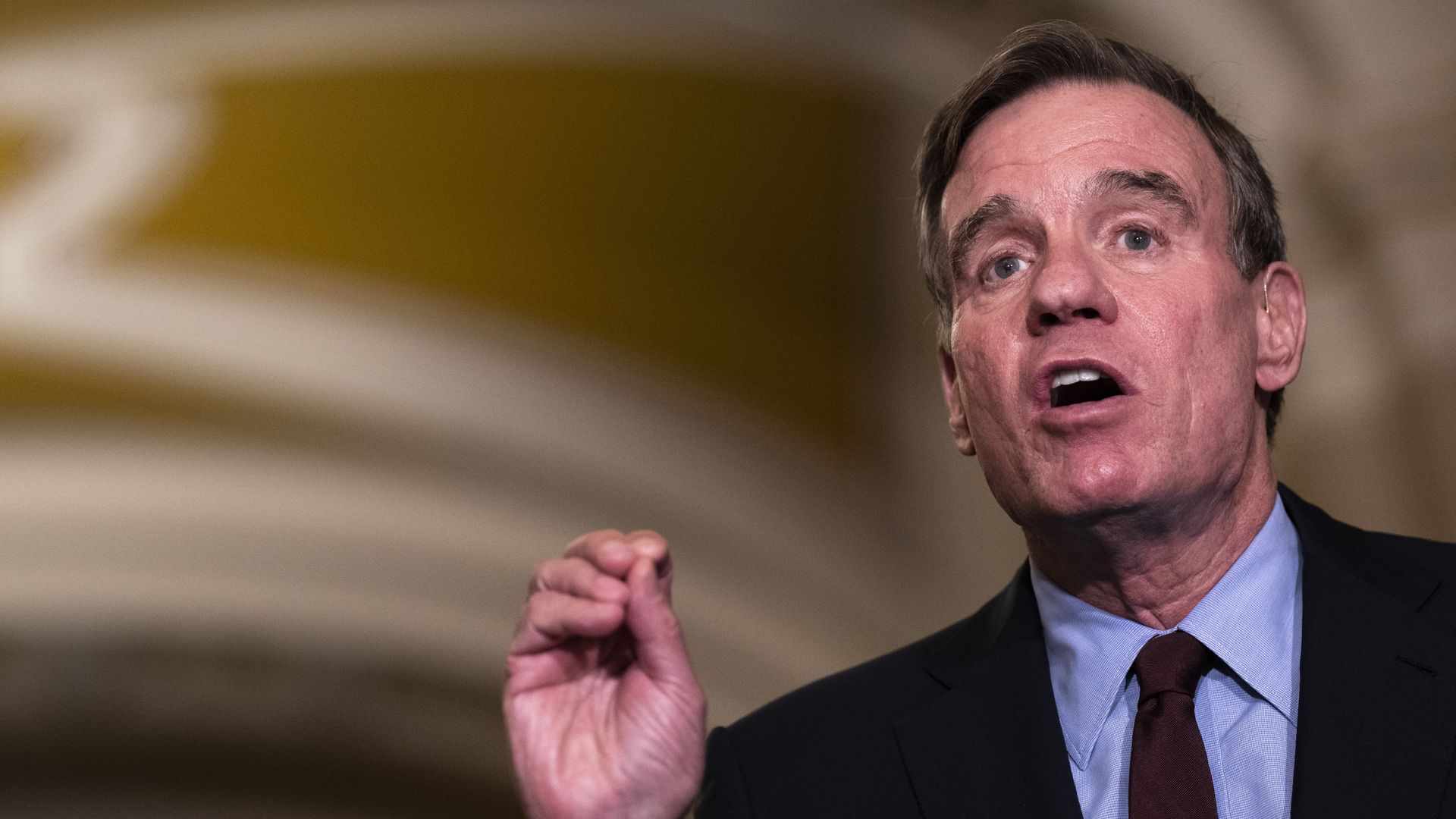Sen. Mark Warner (D-VA) speaks during a news conference following a closed-door lunch meeting with Senate Democrats at the U.S. Capitol March 22, 2023 in Washington, DC.