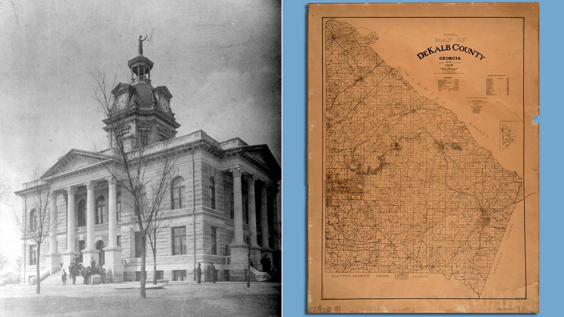A side by side image of an old black-and-white photo of the DeKalb Courthouse in the 1910s and a yellowing map of DeKalb County