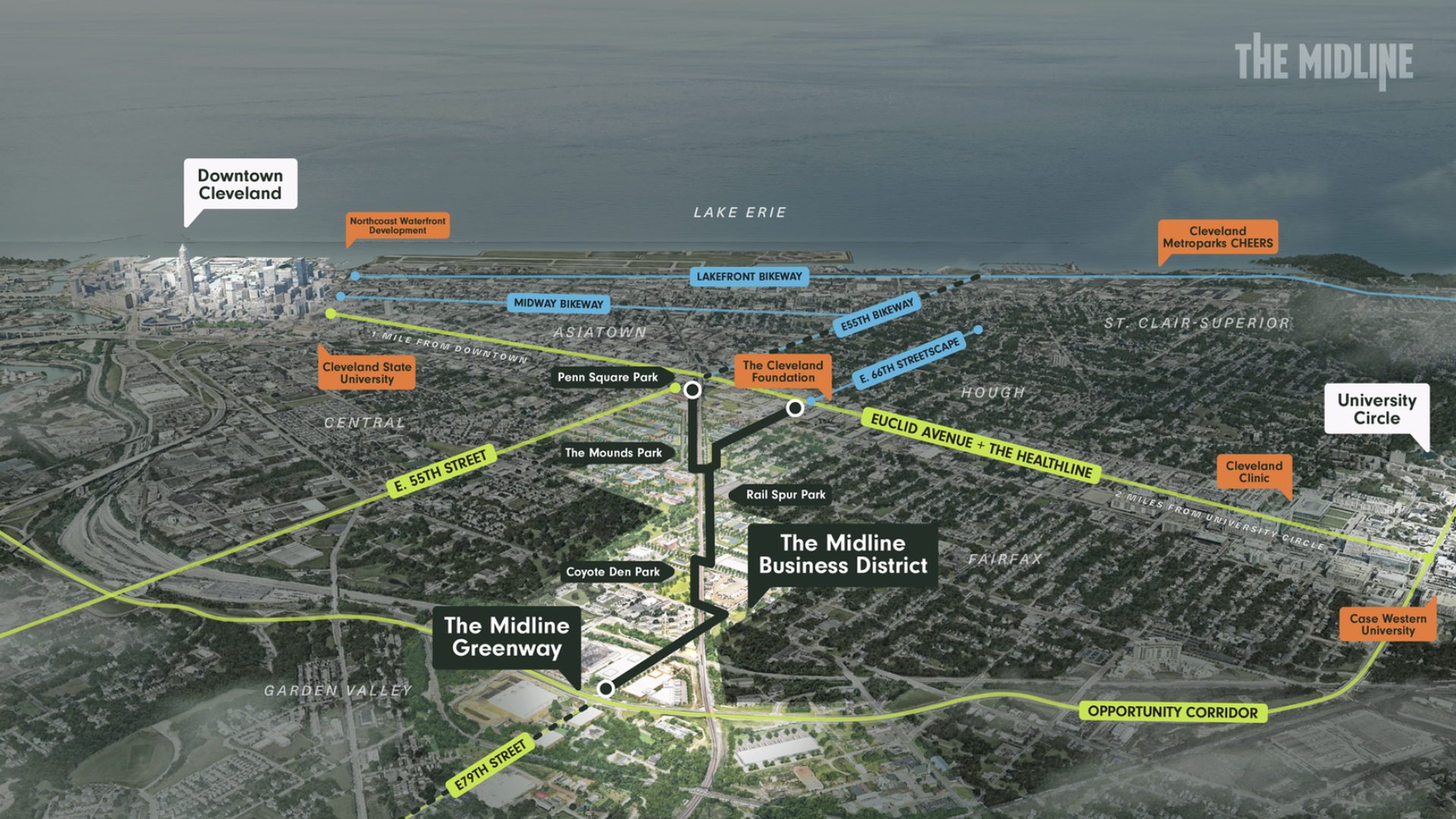 Aerial map of Cleveland’s lakefront district showing blue bikeways, green and yellow corridors, with orange labels for Downtown Cleveland, The Midline, and The Midline Greenway.