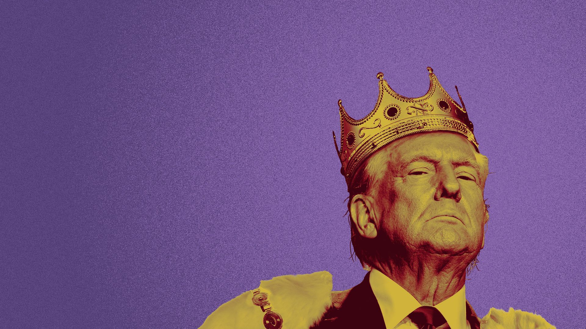 Photo illustration of Donald Trump wearing a crown and fur cape.