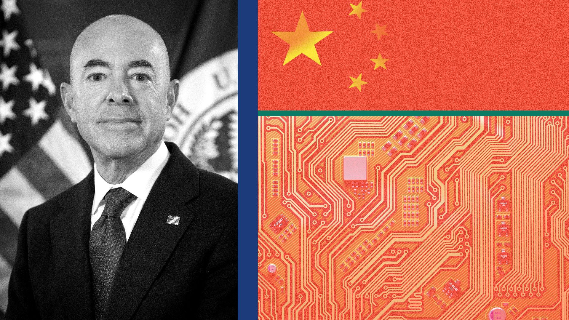 Photo illustration of DHS Secretary Mayorkas with China's flag and a mother board.