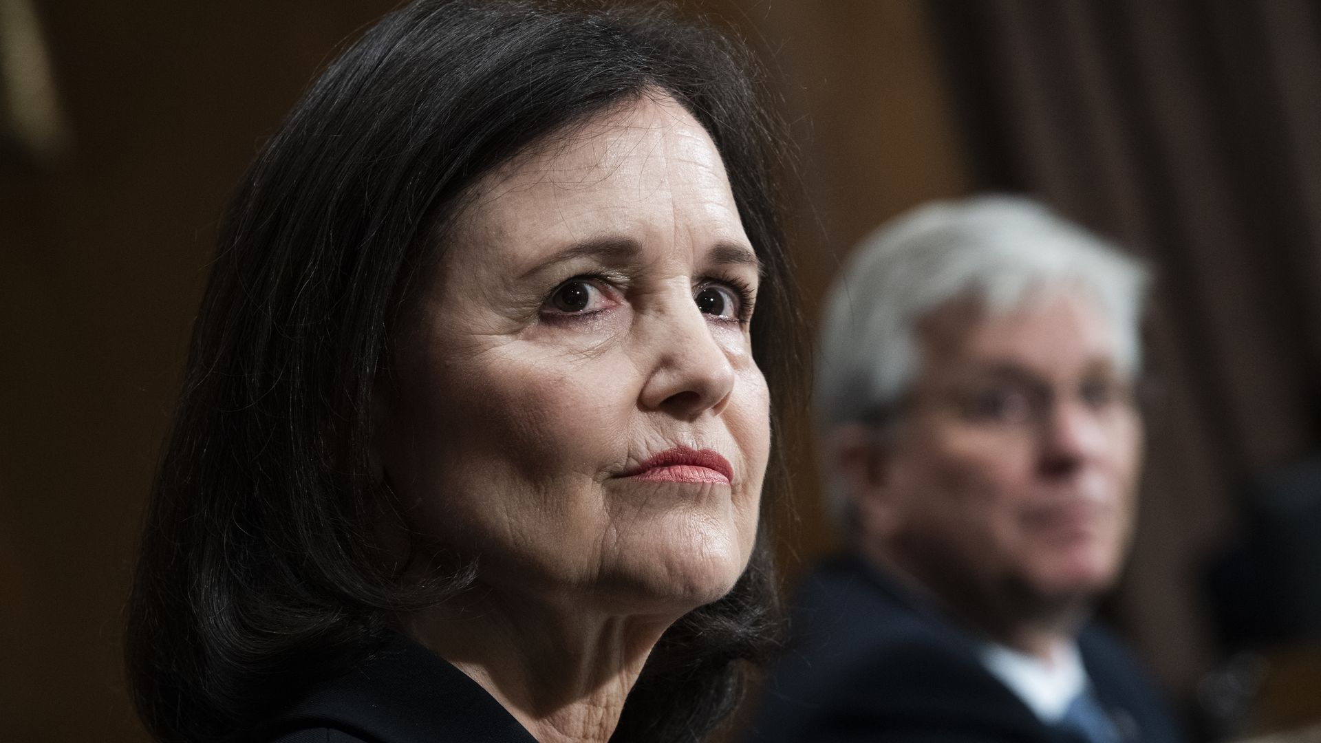 Trump Fed nominee Judy Shelton testifying before the Senate in February, with other Fed nominee Christopher Waller in the background