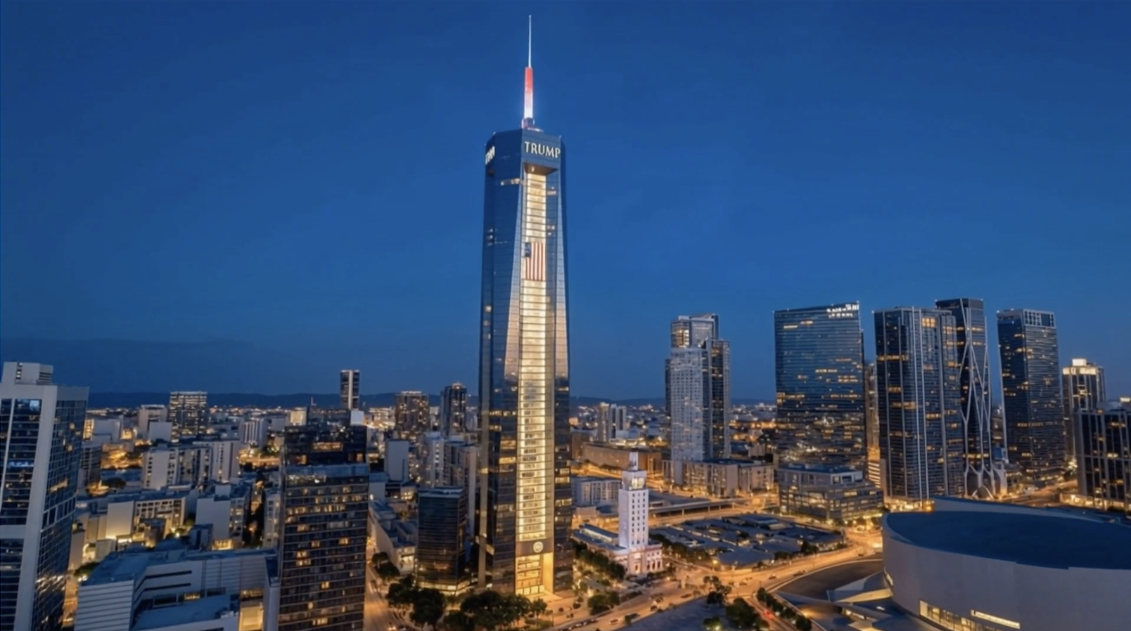 Evening cityscape with a central glass skyscraper labeled TRUMP, illuminated interiors, and surrounding high-rises and glowing streets beneath a deep blue sky.