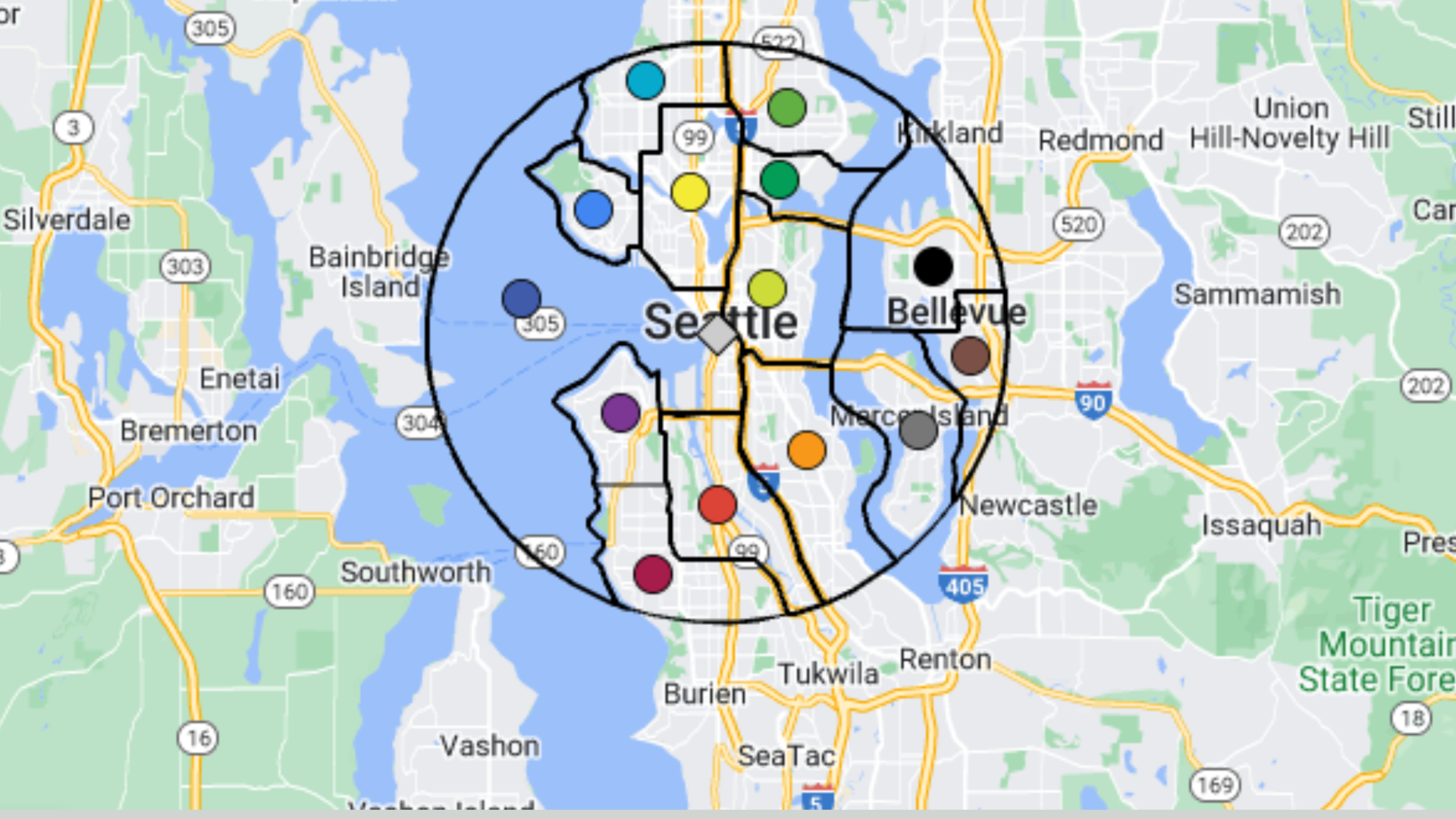A map of Seattle area with little circles indicating areas for participating in bird counting.