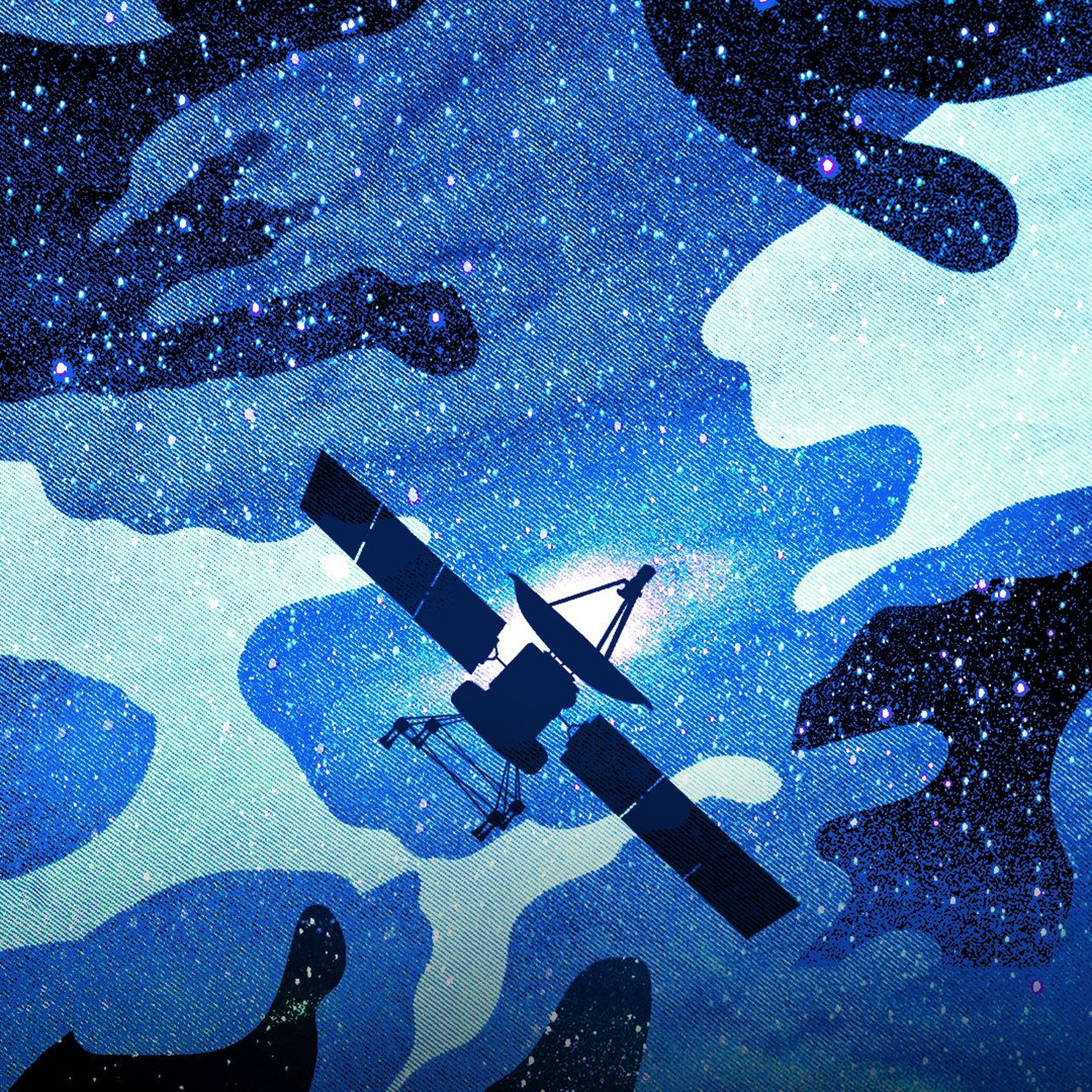 Illustration of camouflage fabric with stars and a galaxy showing through the darkest shapes of the pattern. In the foreground is a satellite. 