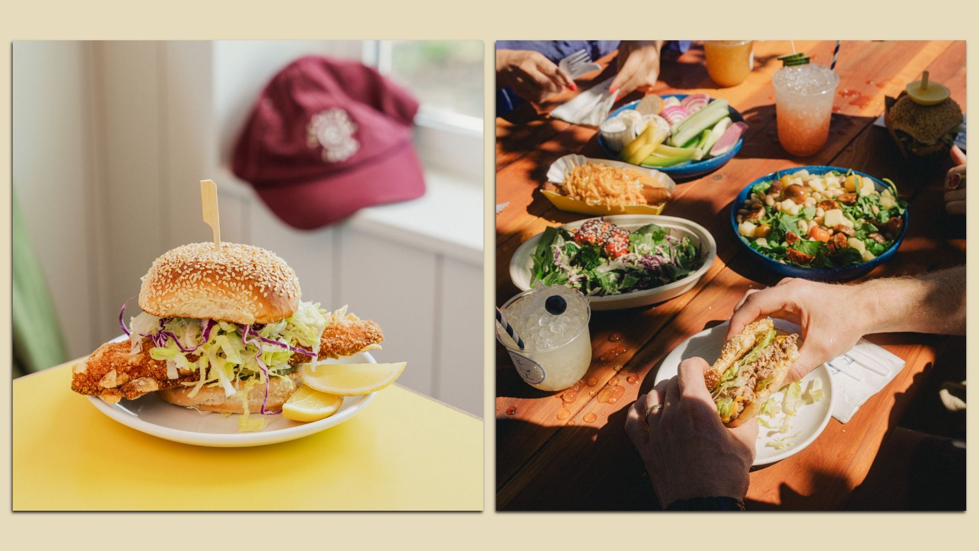 Left image: Fried fish sandwich with shredded lettuce on sesame bun, lemon wedges on white plate near a window and maroon cap. Right image: People eating with assorted salads, drinks, and sandwiches on a wooden table.