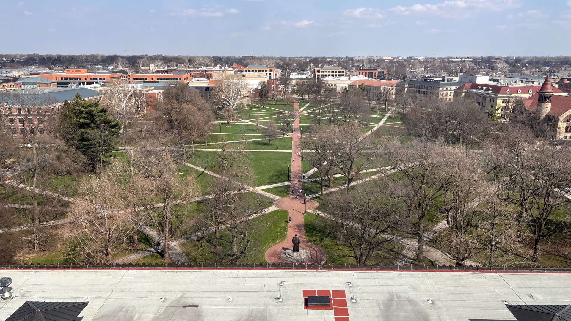 Aerial view of Ohio State University's campus Oval: brick paths converge on a central statue amid leafless trees and green lawns; surrounding brick buildings and a conical-roof tower, under a clear blue sky.