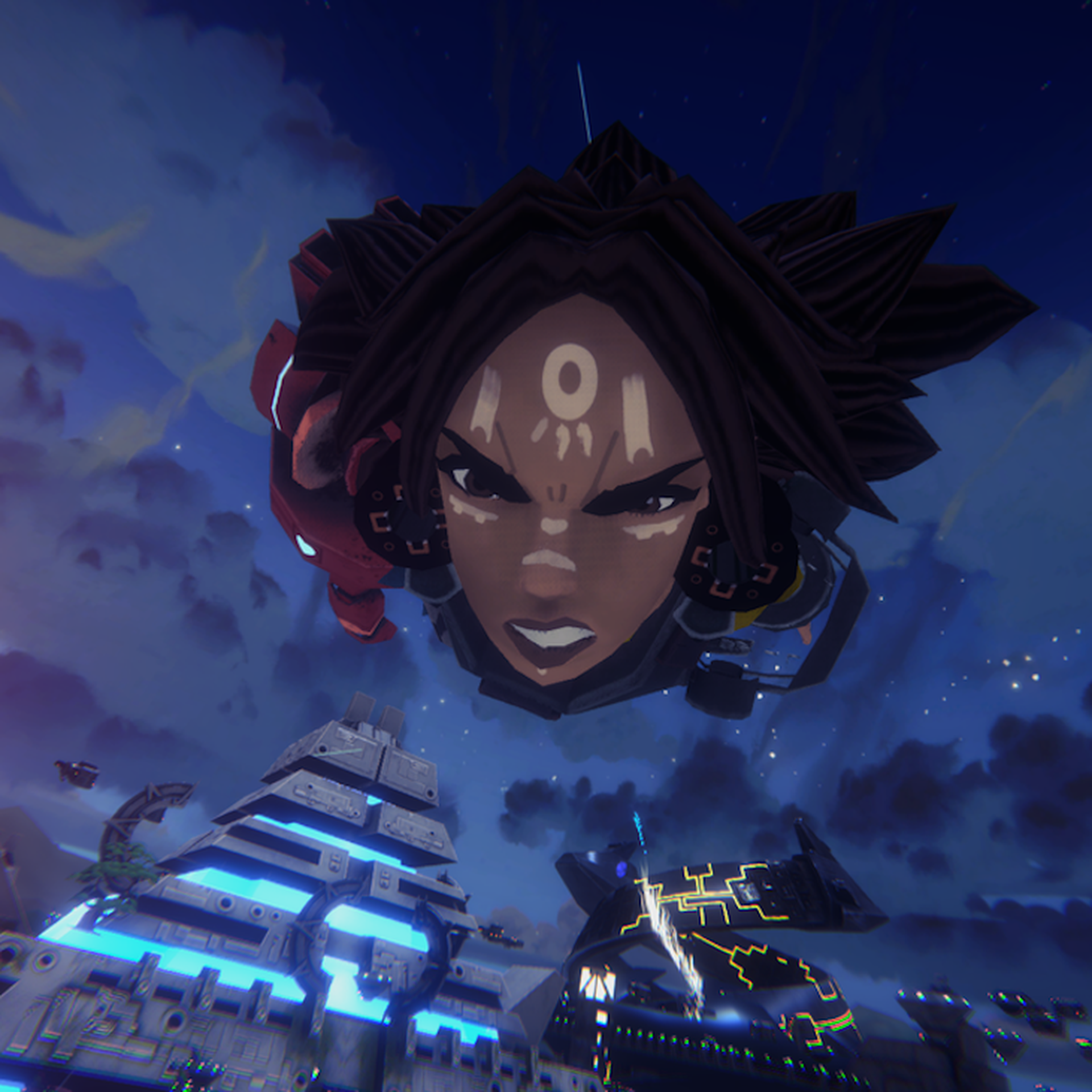 Video game screenshot of a woman flying toward the camera, with a futuristic Aztec pyramid in the background