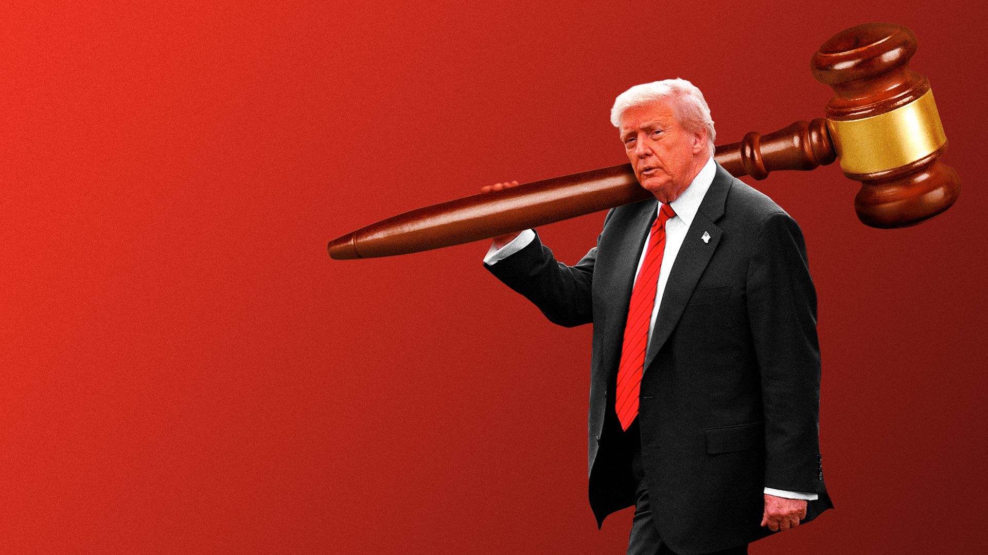 Photo illustration of President Donald Trump carrying a large gavel on his shoulder.
