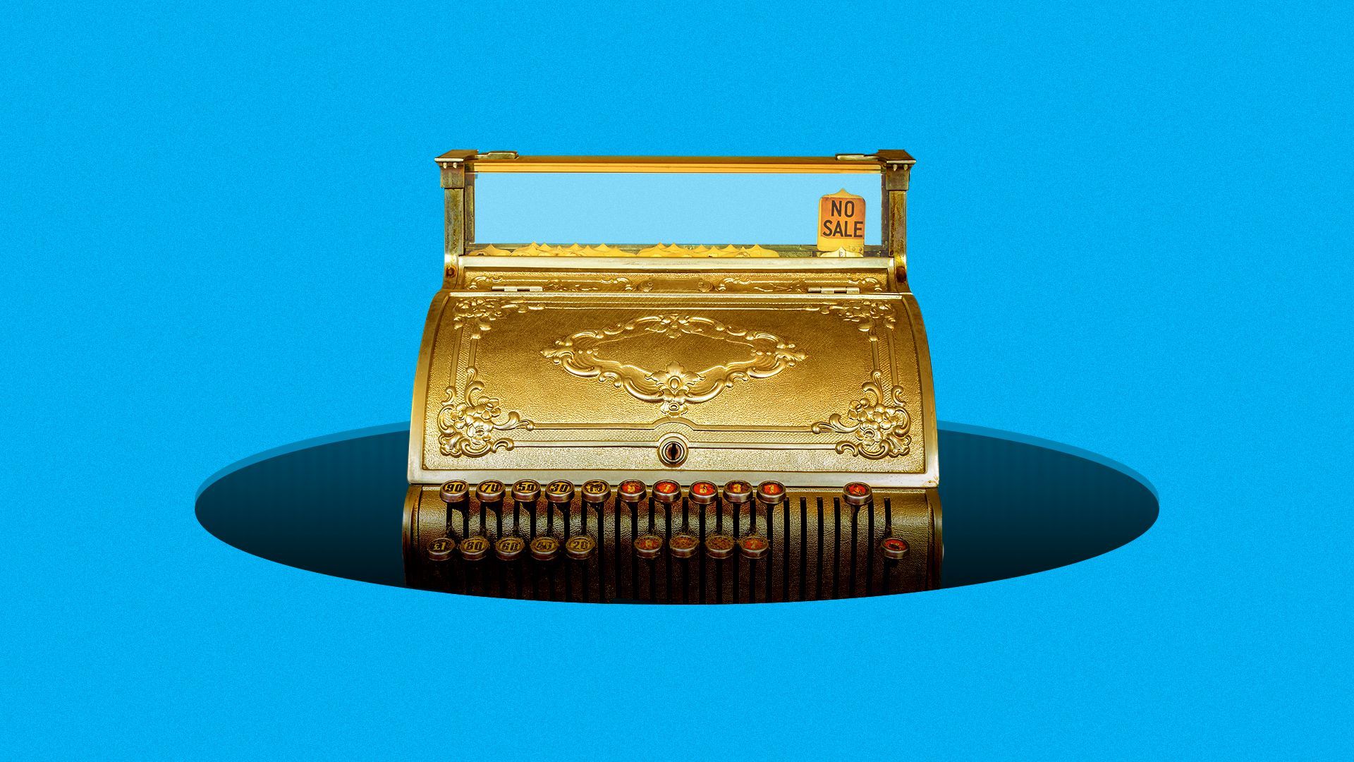 Illustration of a cash register in a hole.   