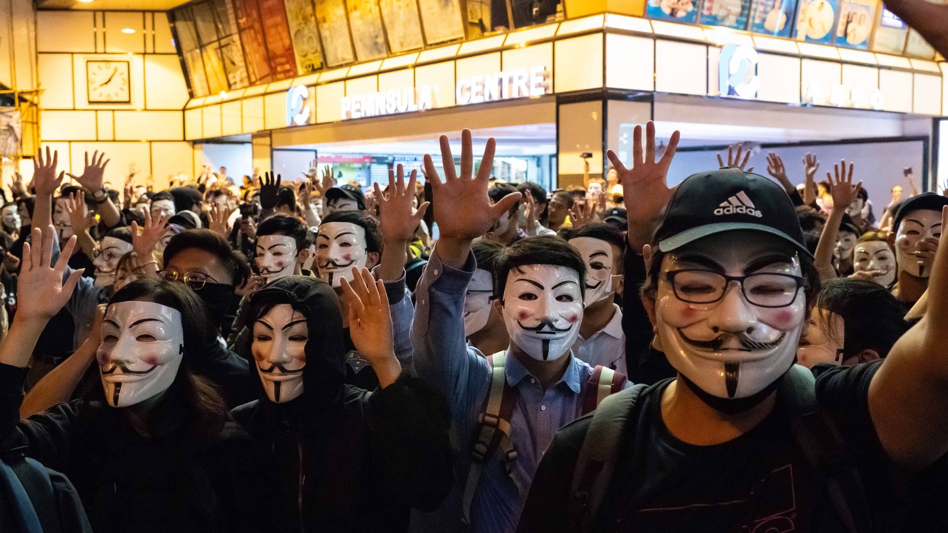 Protestors in Guy Fawkes mask march on November 05, 2019 in Hong Kong