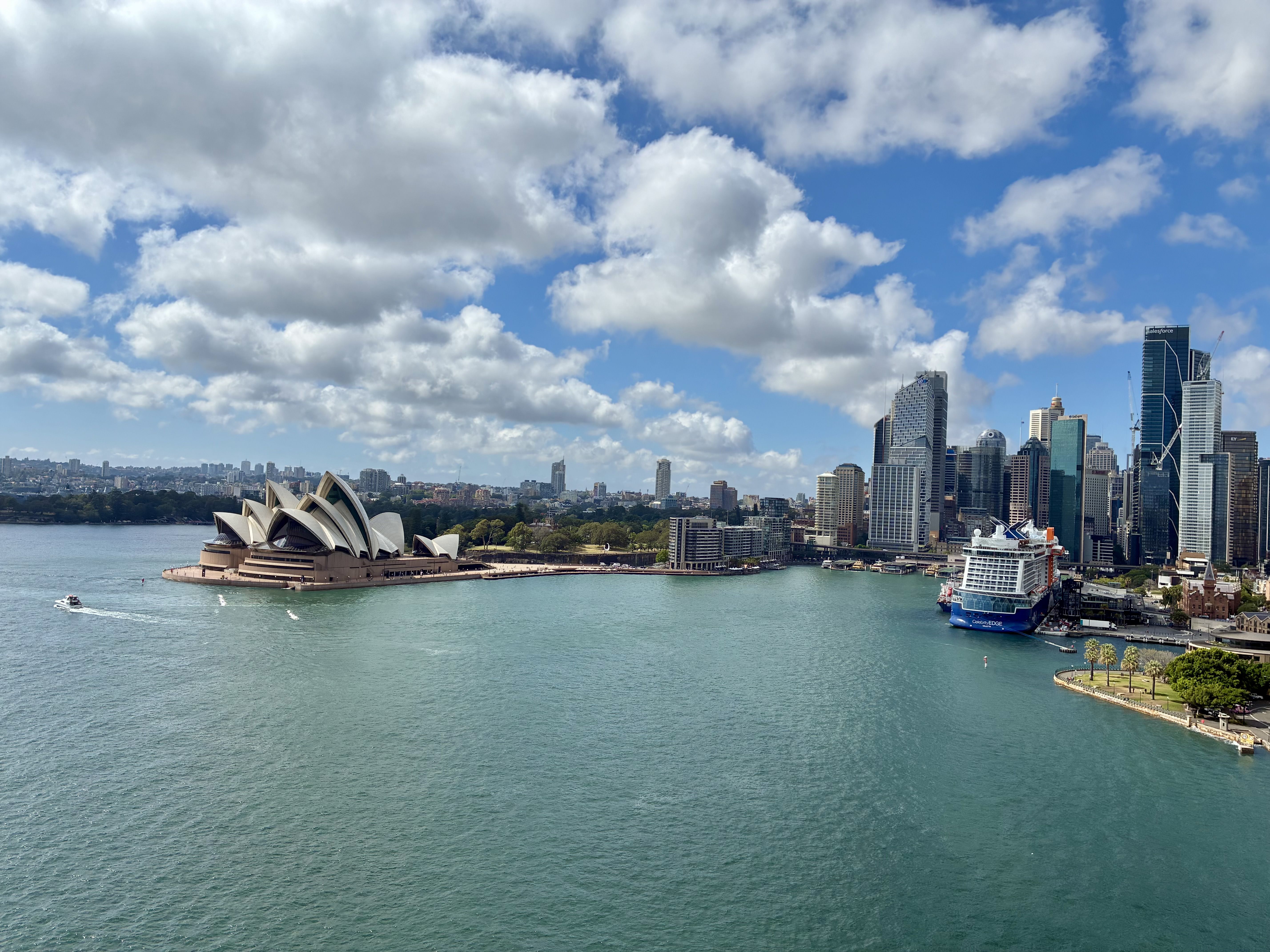 View of Sydney Harbour with the Sydney Opera House on the left, blue water below cloudy skies, and a cruise ship docked near the city skyline on the right.