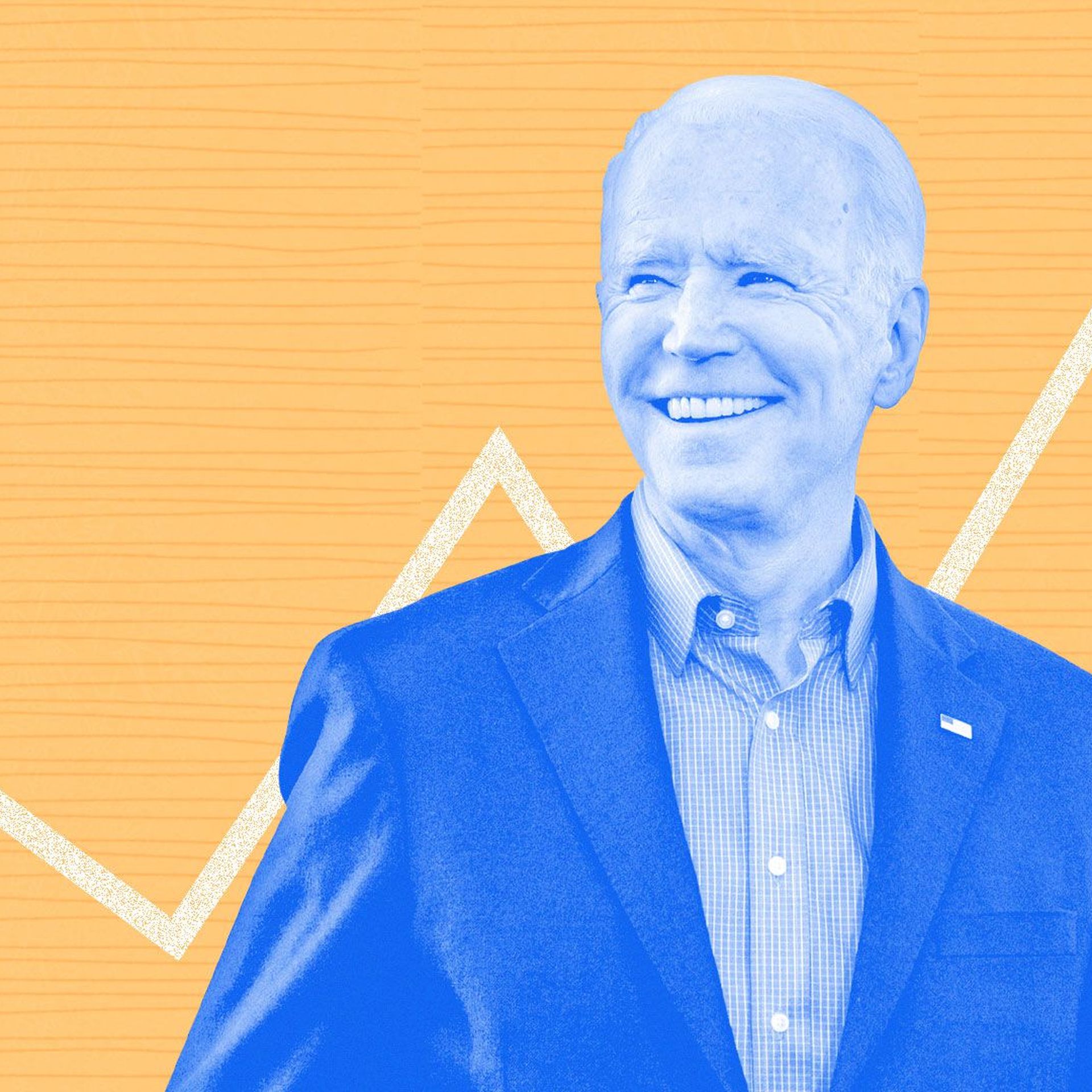Photo illustration of Joseph Biden smiling with an upwards trending line and stars